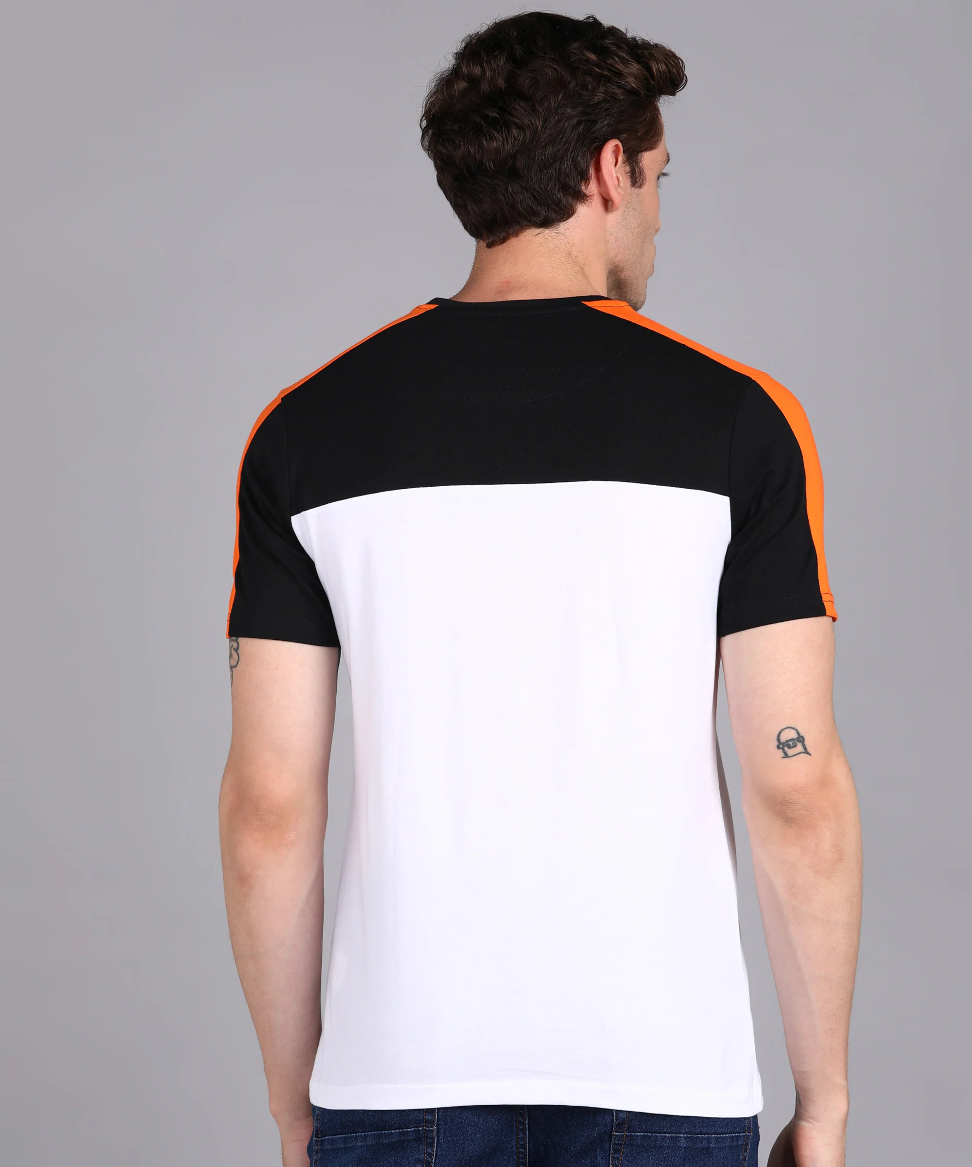 Men's Black, White, Orange Cotton Color-Block Slim Fit Half Sleeve T-Shirt - Image 3