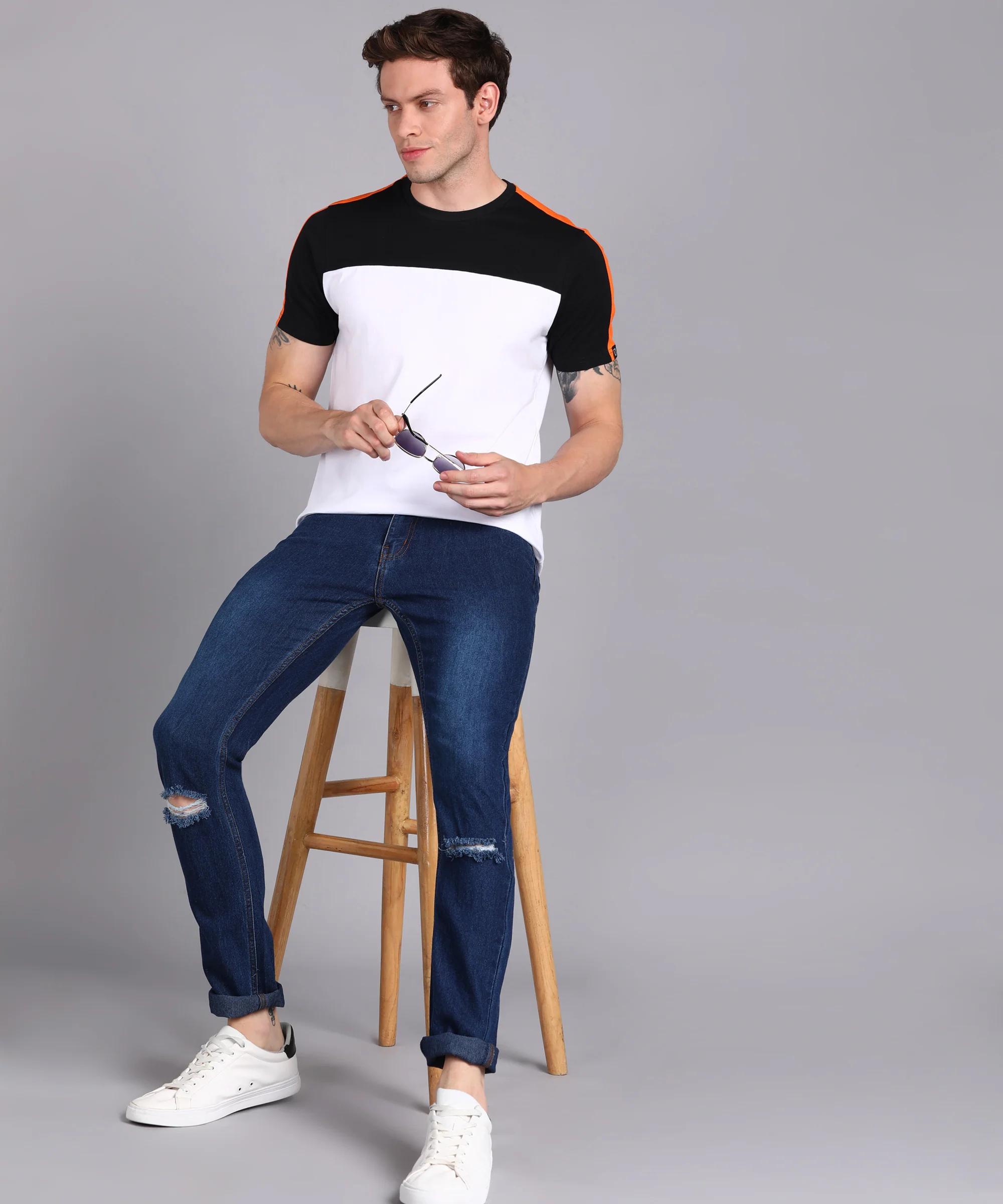 Men's Black, White, Orange Cotton Color-Block Slim Fit Half Sleeve T-Shirt - Image 4