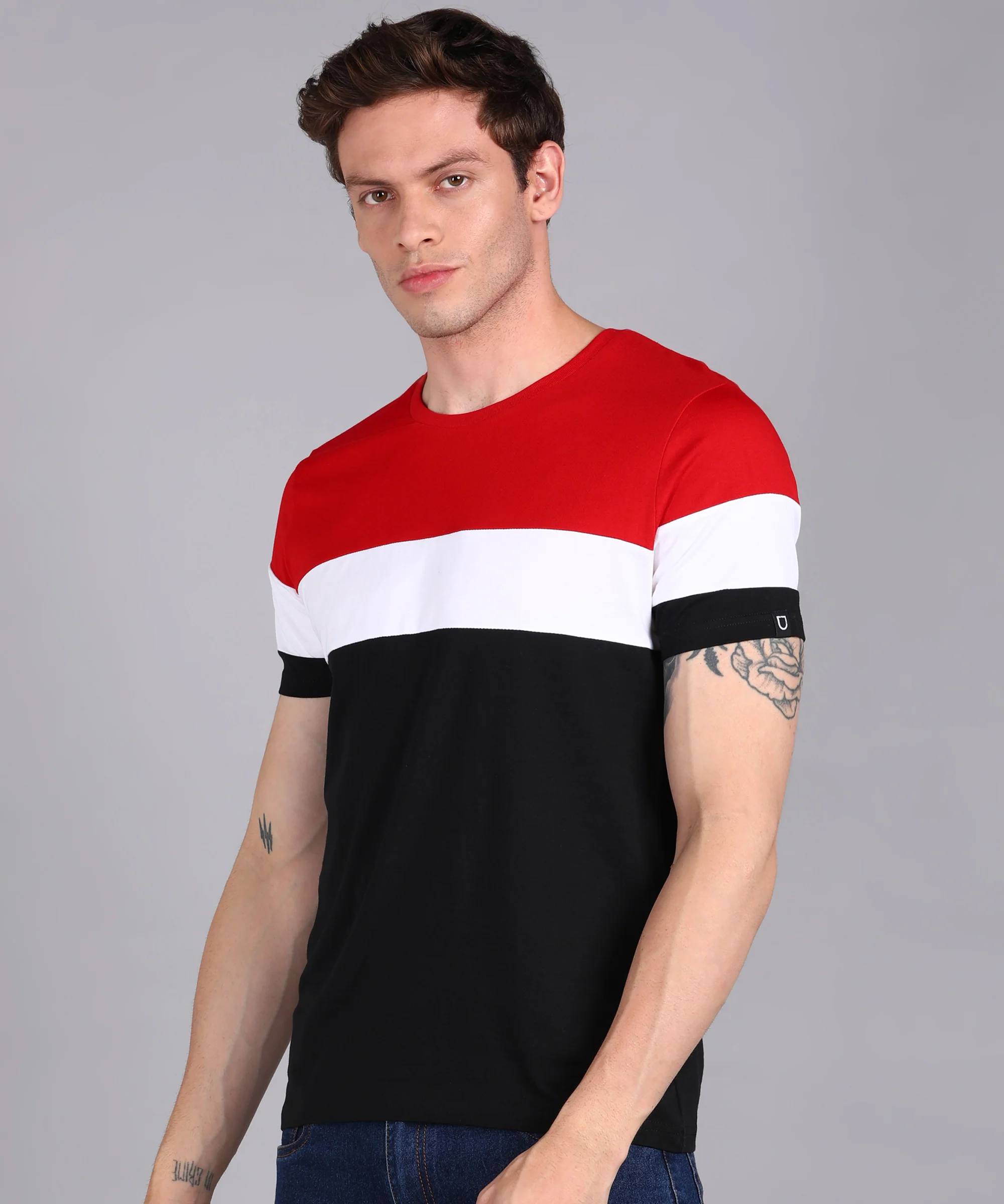 Men's Black, White, Red Cotton Color-Block Slim Fit Half Sleeve T-Shirt - Image 2