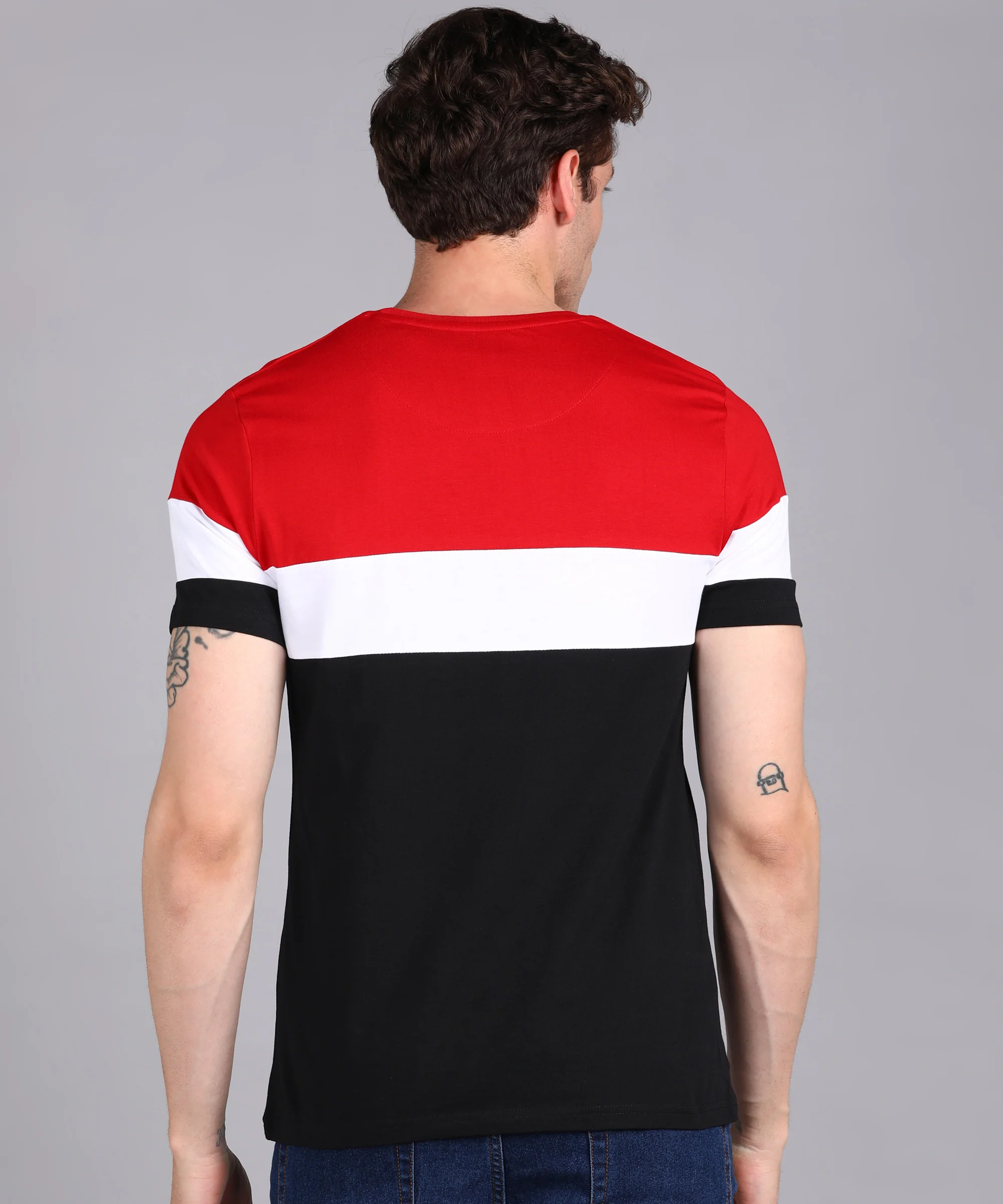 Men's Black, White, Red Cotton Color-Block Slim Fit Half Sleeve T-Shirt - Image 3