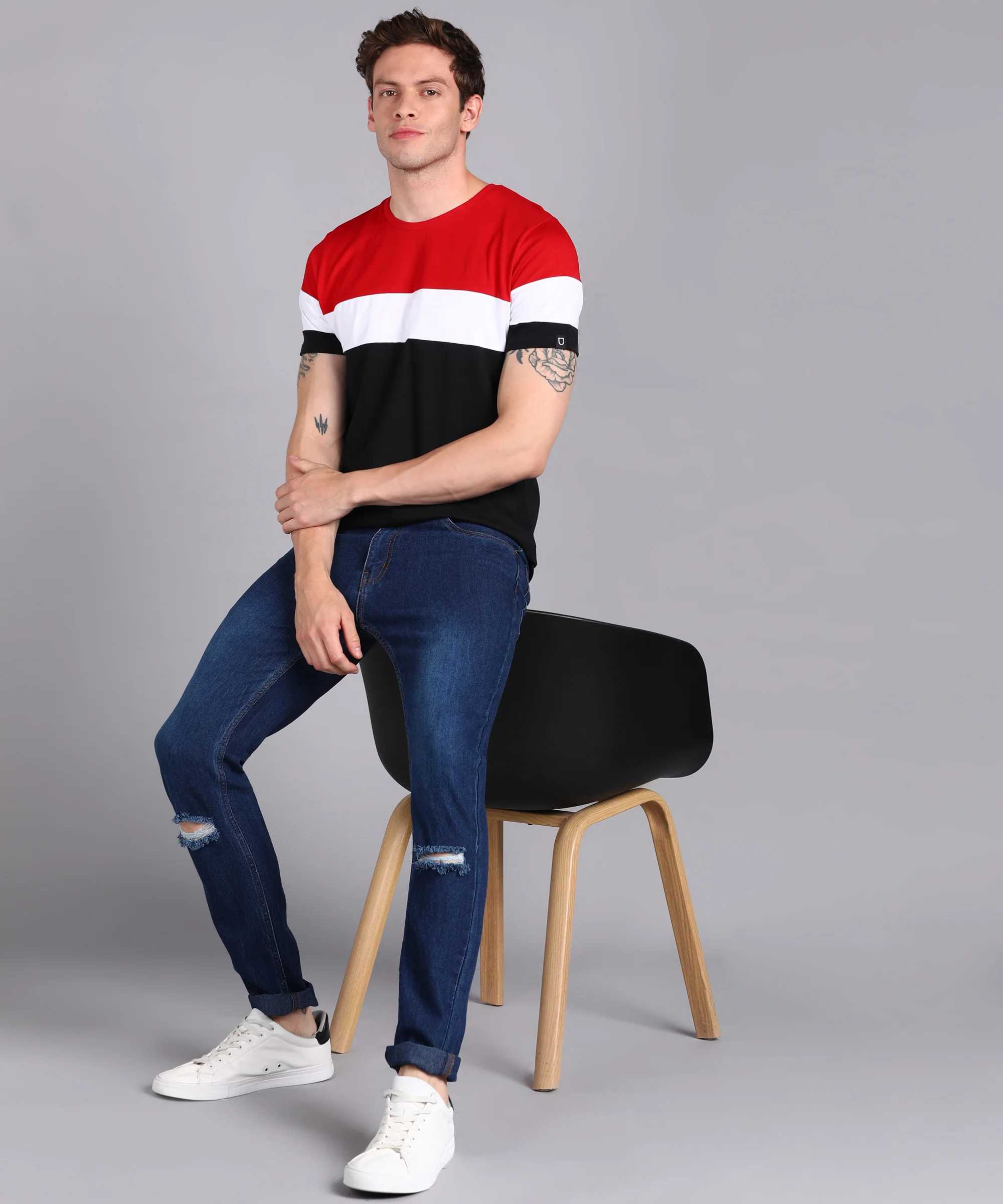Men's Black, White, Red Cotton Color-Block Slim Fit Half Sleeve T-Shirt - Image 4