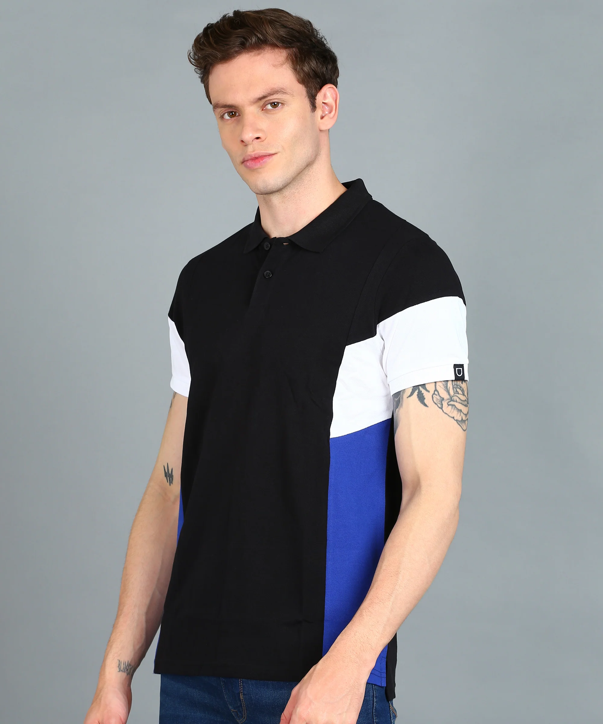 Men's Black, White, Royal Blue Colour-Block Slim Fit Half Sleeve Cotton Polo T-Shirt - Image 2