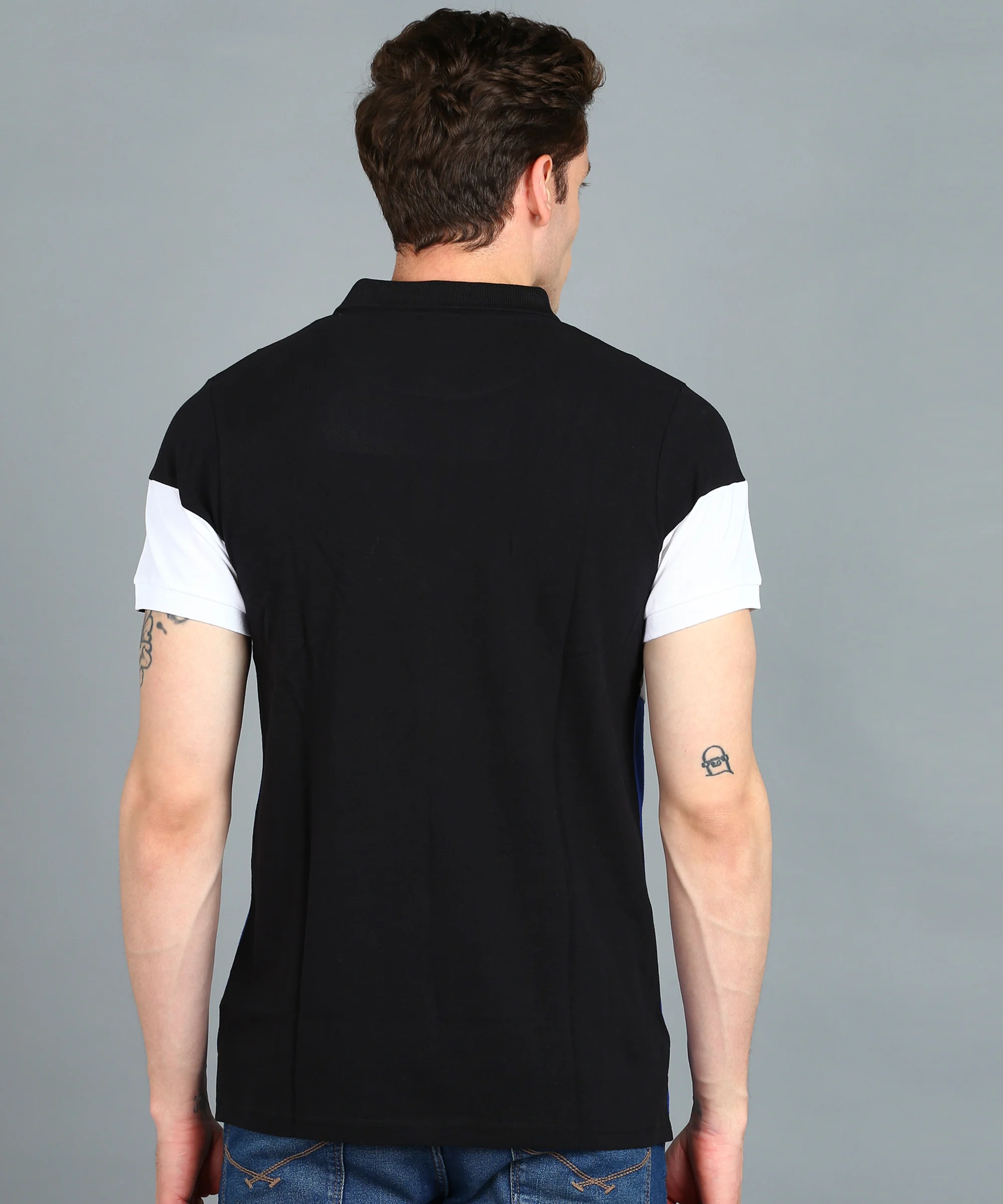 Men's Black, White, Royal Blue Colour-Block Slim Fit Half Sleeve Cotton Polo T-Shirt - Image 3