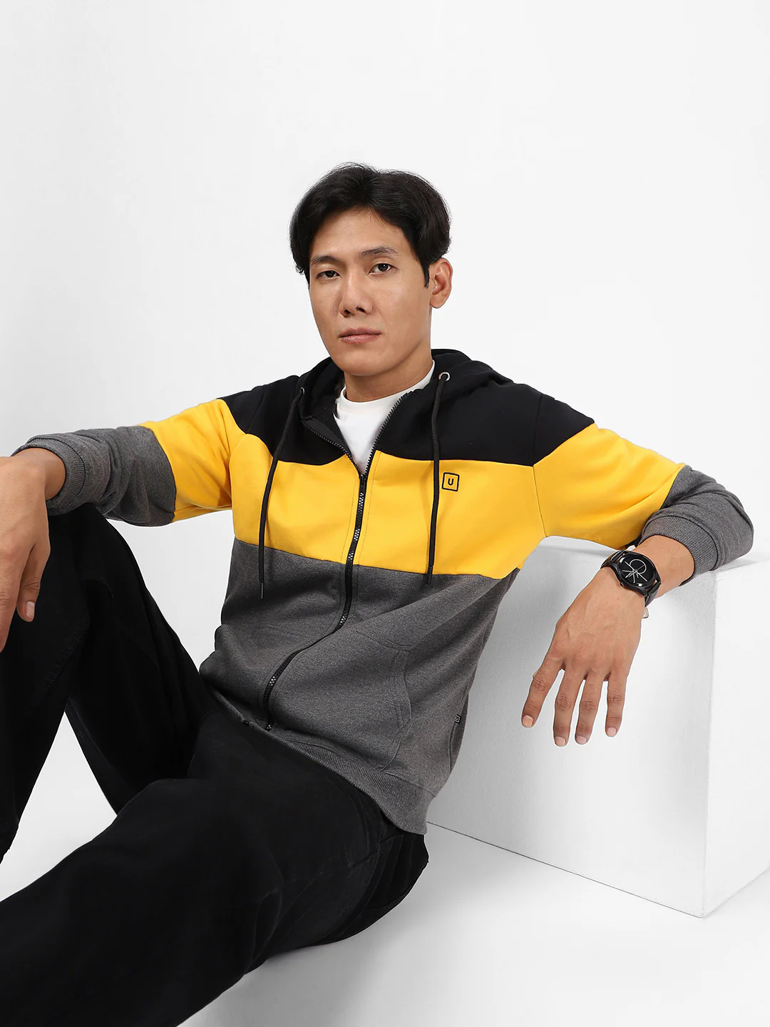 Men's Black, Yellow, Charcoal Color Block Cotton Zippered Hooded Sweatshirt - Image 2