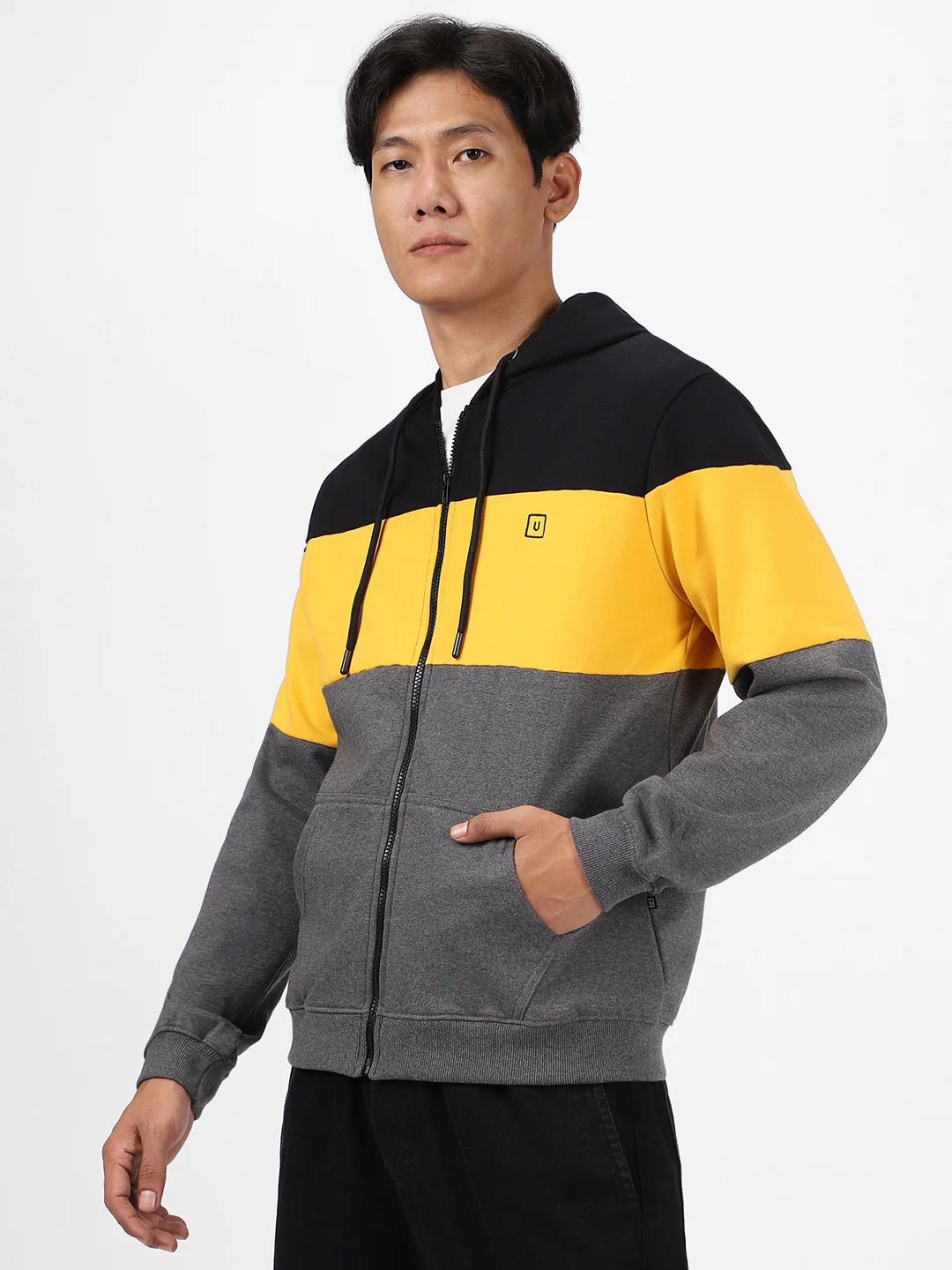 Men's Black, Yellow, Charcoal Color Block Cotton Zippered Hooded Sweatshirt - Image 3