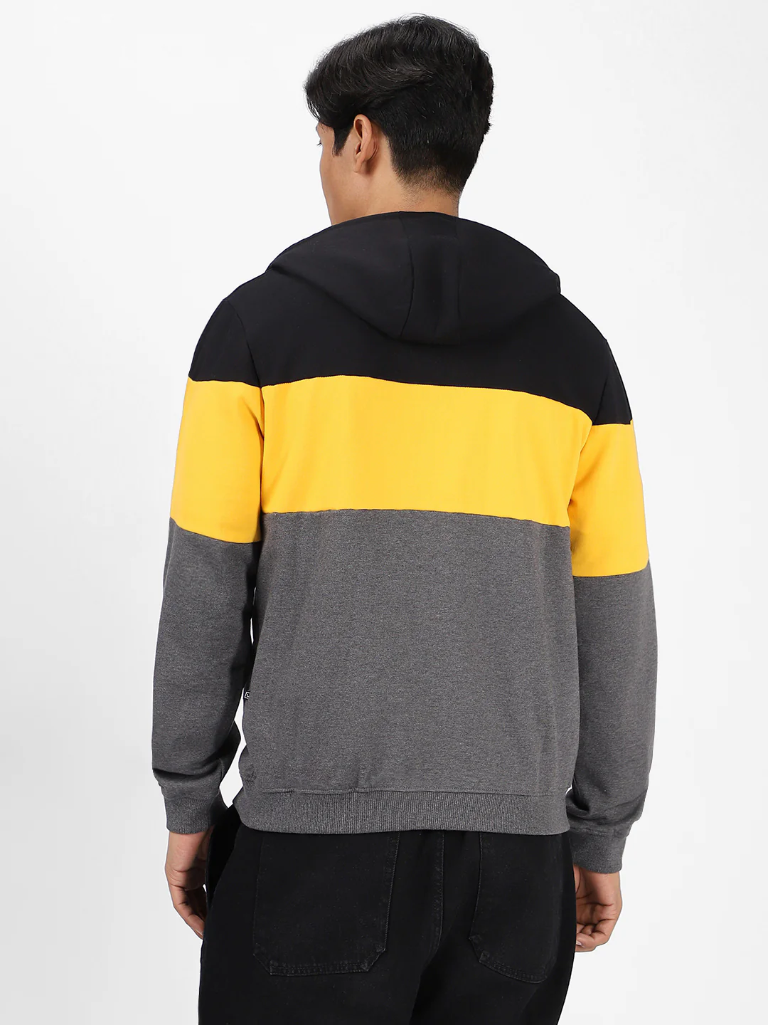 Men's Black, Yellow, Charcoal Color Block Cotton Zippered Hooded Sweatshirt - Image 4