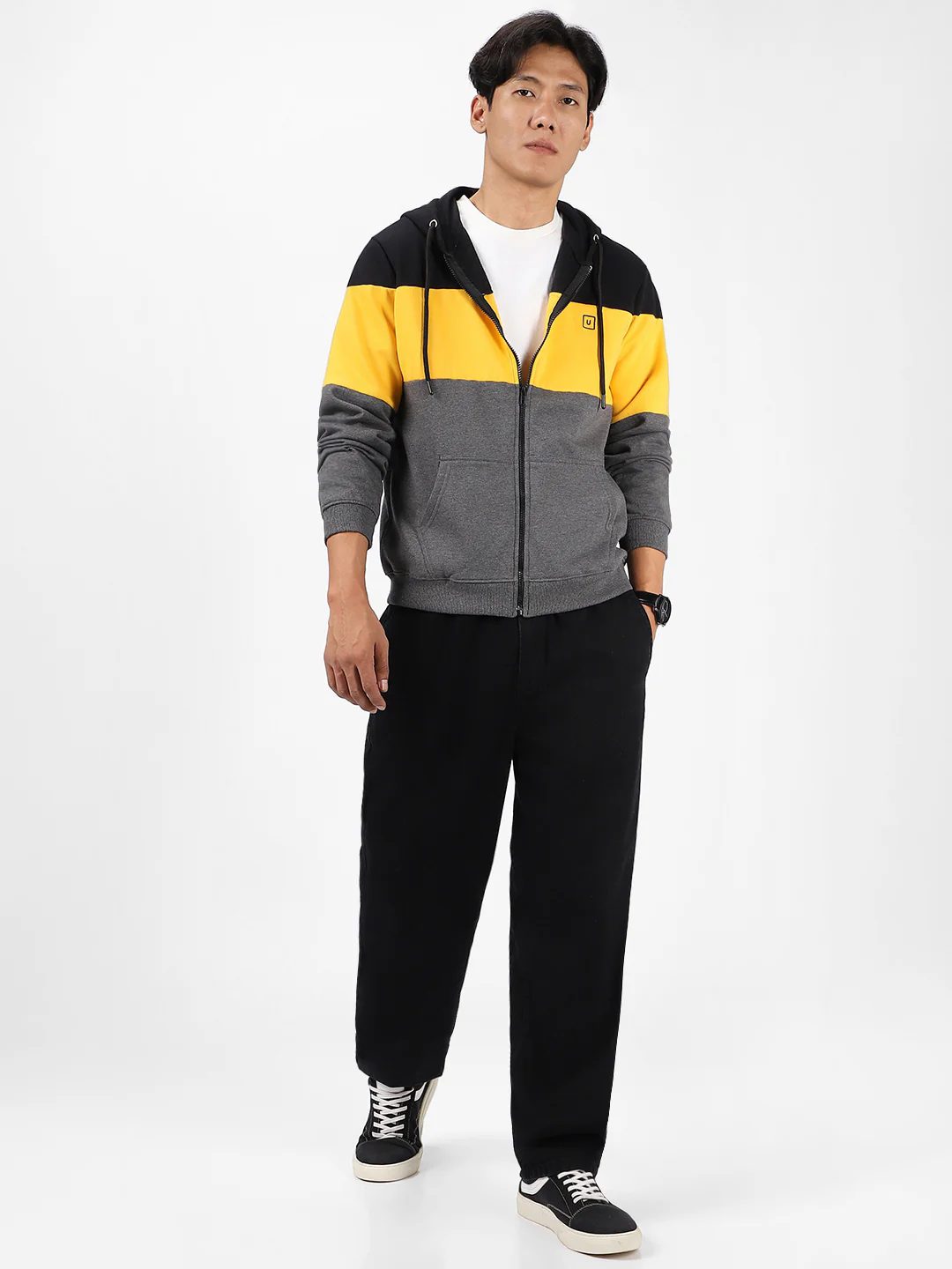 Men's Black, Yellow, Charcoal Color Block Cotton Zippered Hooded Sweatshirt - Image 5