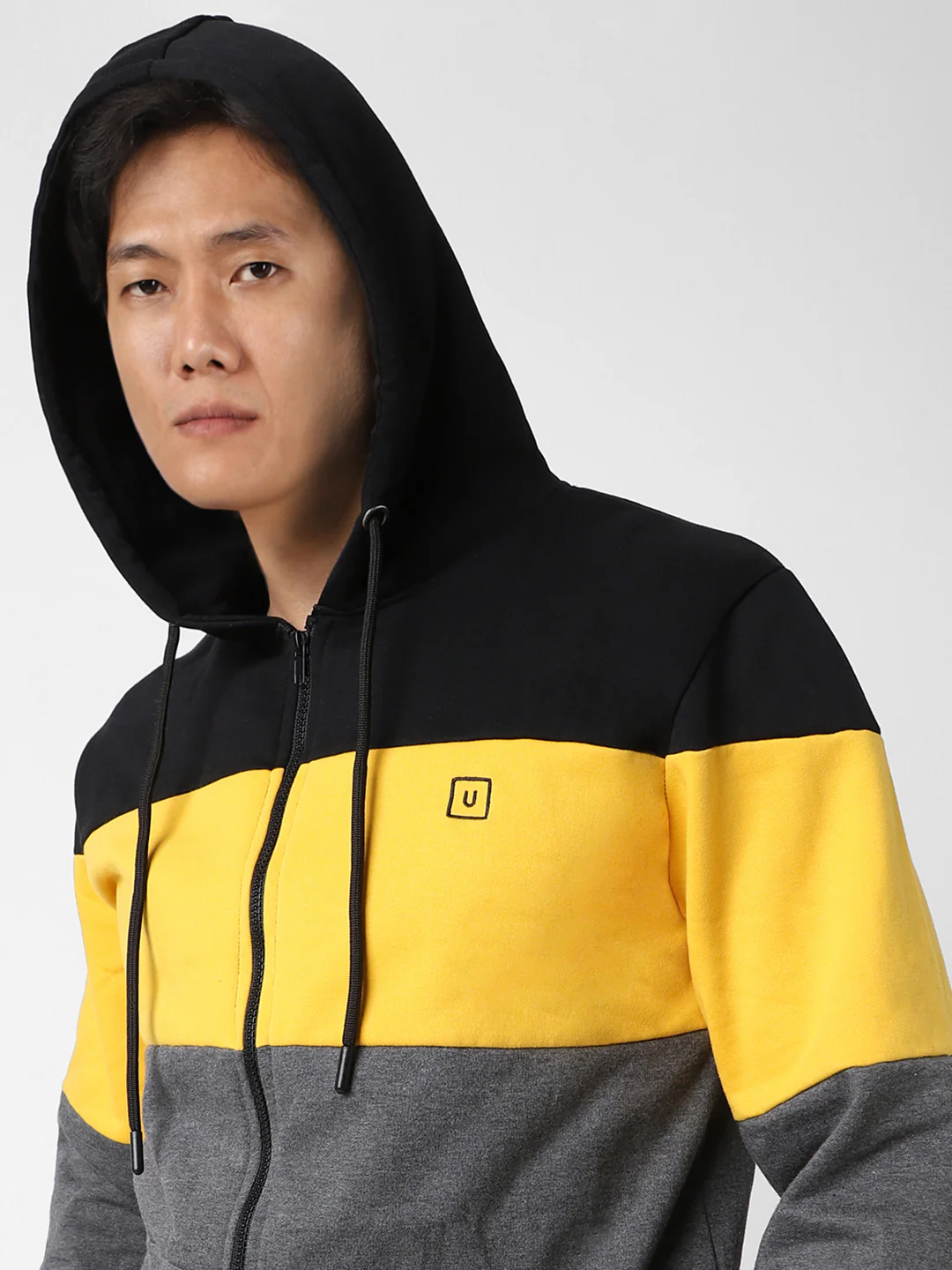 Men's Black, Yellow, Charcoal Color Block Cotton Zippered Hooded Sweatshirt - Image 6