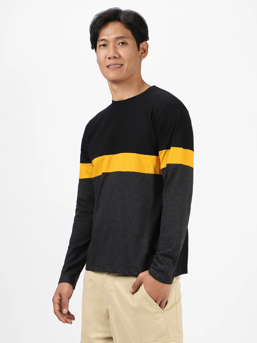 Men's Black, Yellow Full Sleeve Round Neck Cotton T-Shirt - Image 2