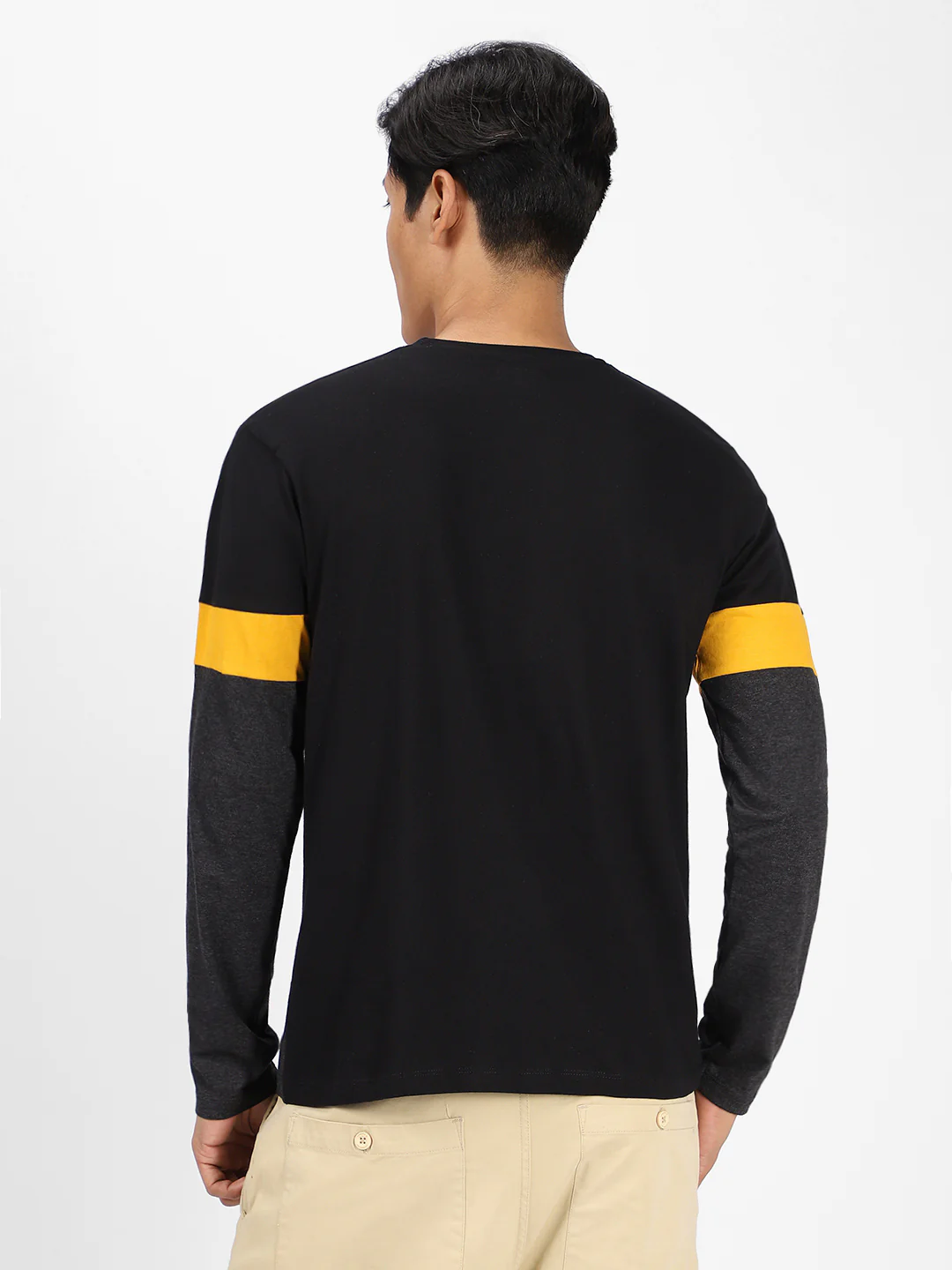 Men's Black, Yellow Full Sleeve Round Neck Cotton T-Shirt - Image 3
