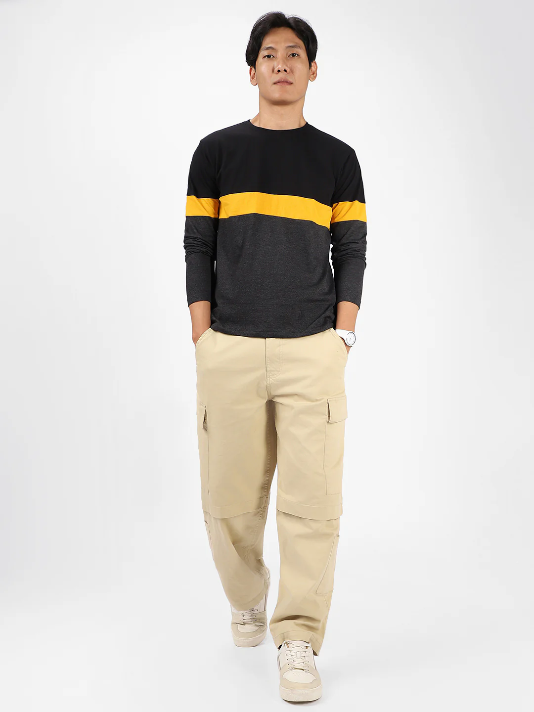 Men's Black, Yellow Full Sleeve Round Neck Cotton T-Shirt - Image 4