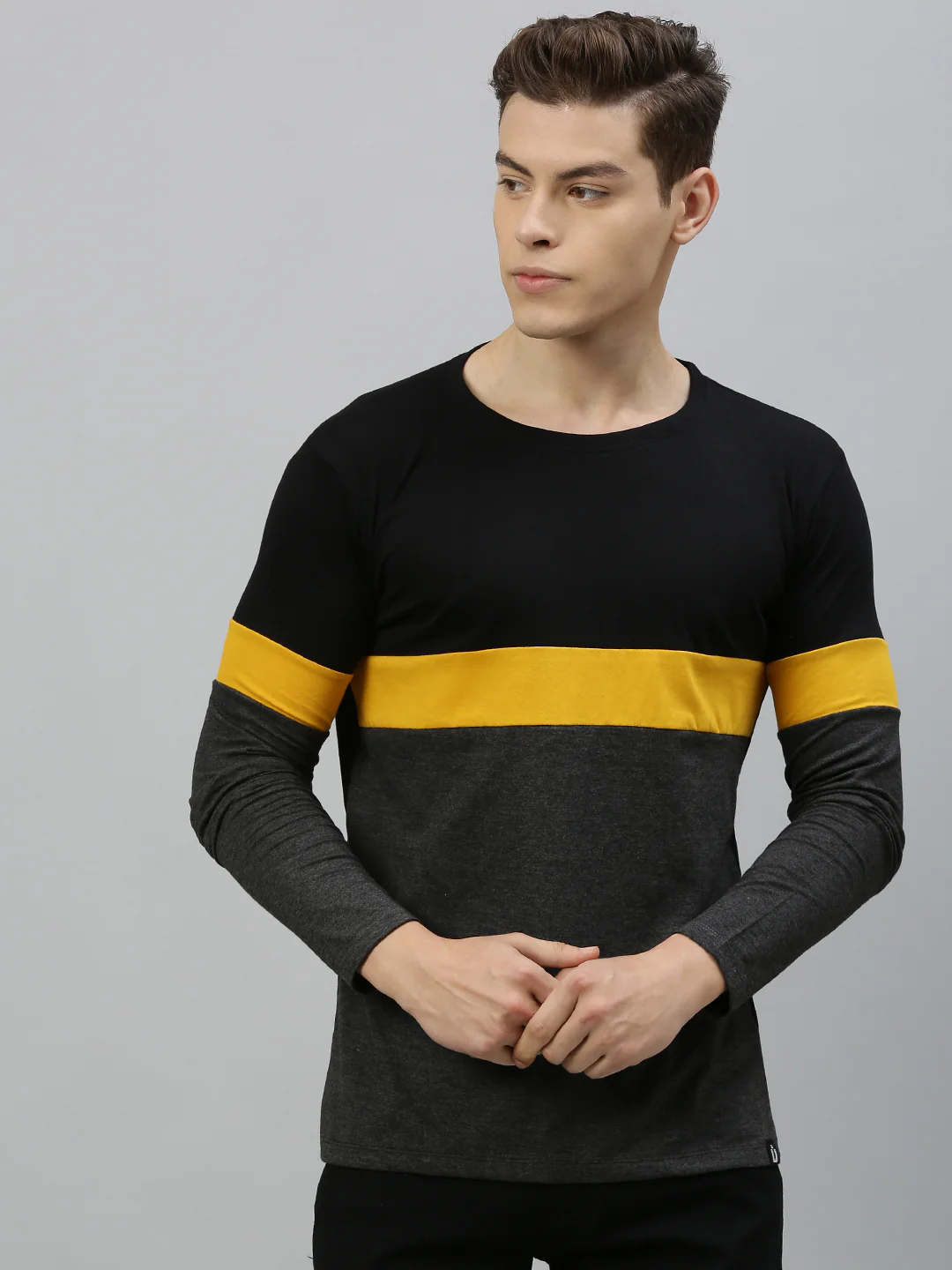 Men's Black, Yellow Full Sleeve Round Neck Cotton T-Shirt - Image 5