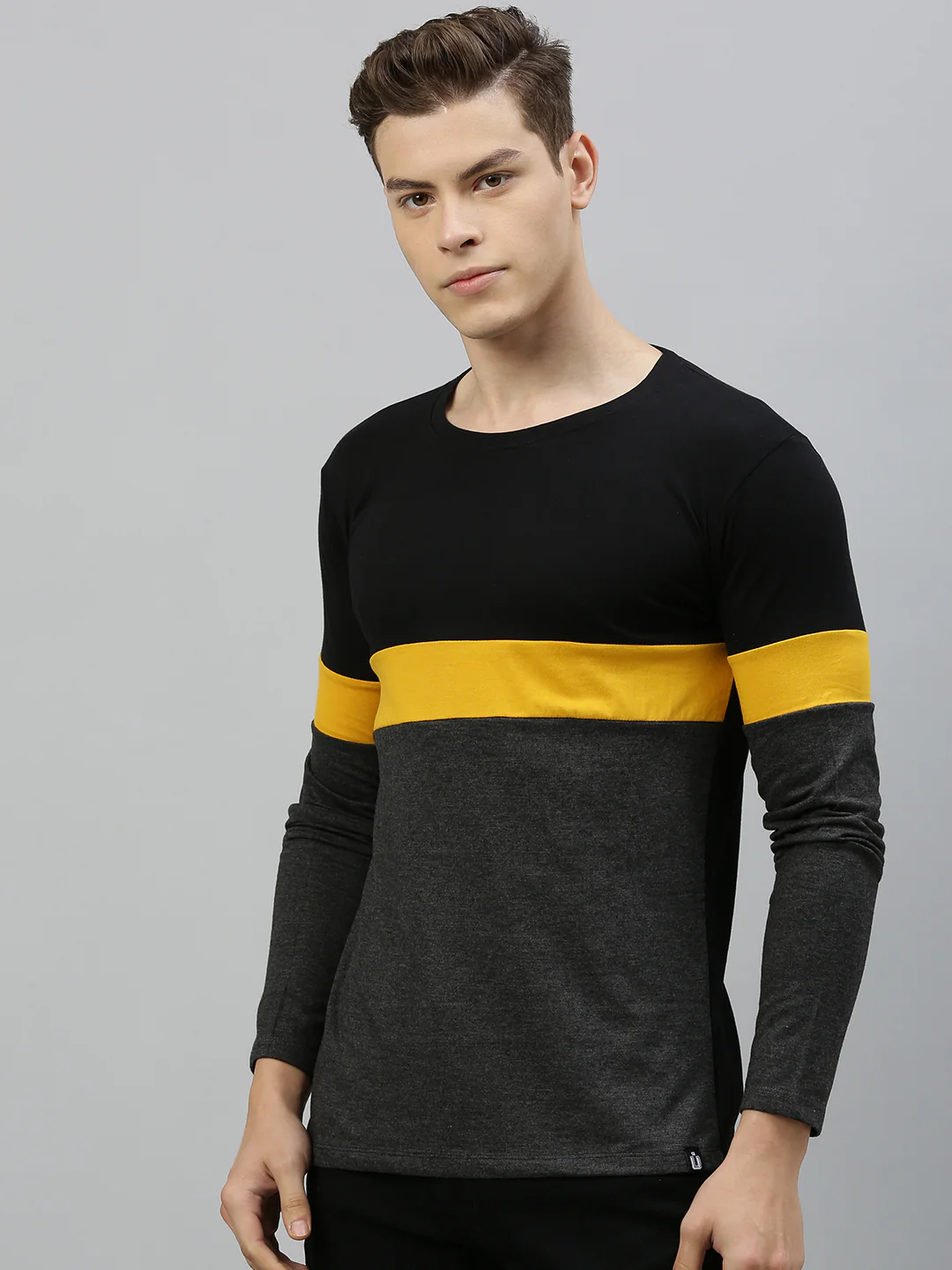 Men's Black, Yellow Full Sleeve Round Neck Cotton T-Shirt - Image 6