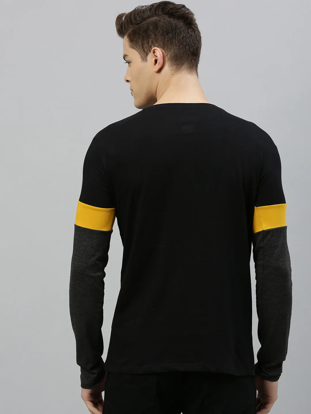 Men's Black, Yellow Full Sleeve Round Neck Cotton T-Shirt - Image 7