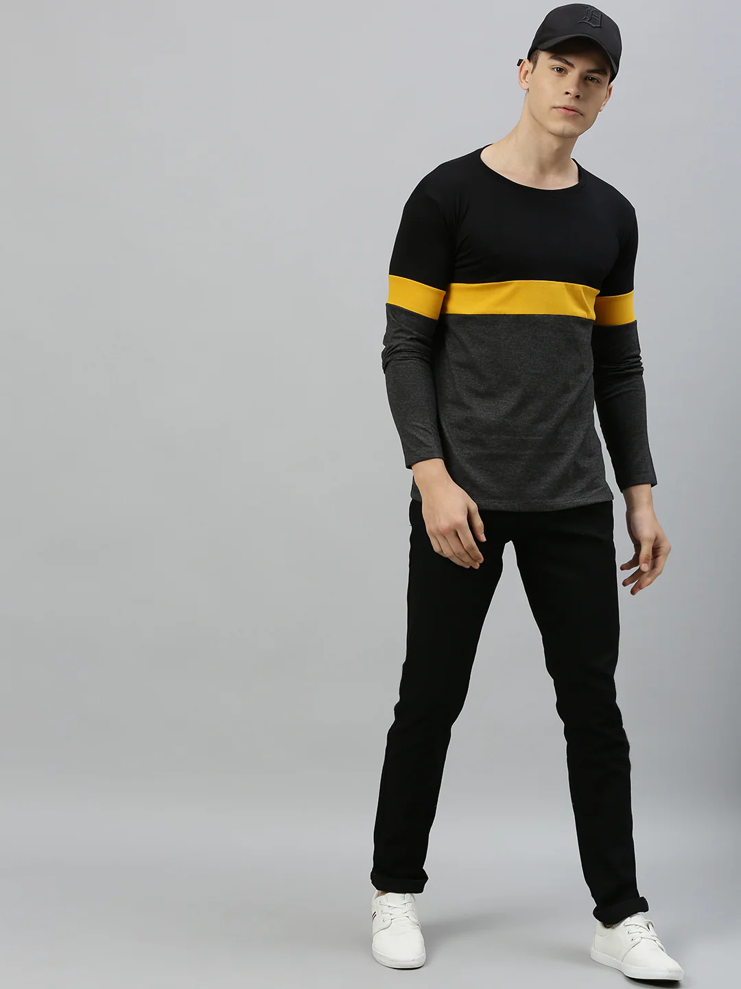 Men's Black, Yellow Full Sleeve Round Neck Cotton T-Shirt - Image 8