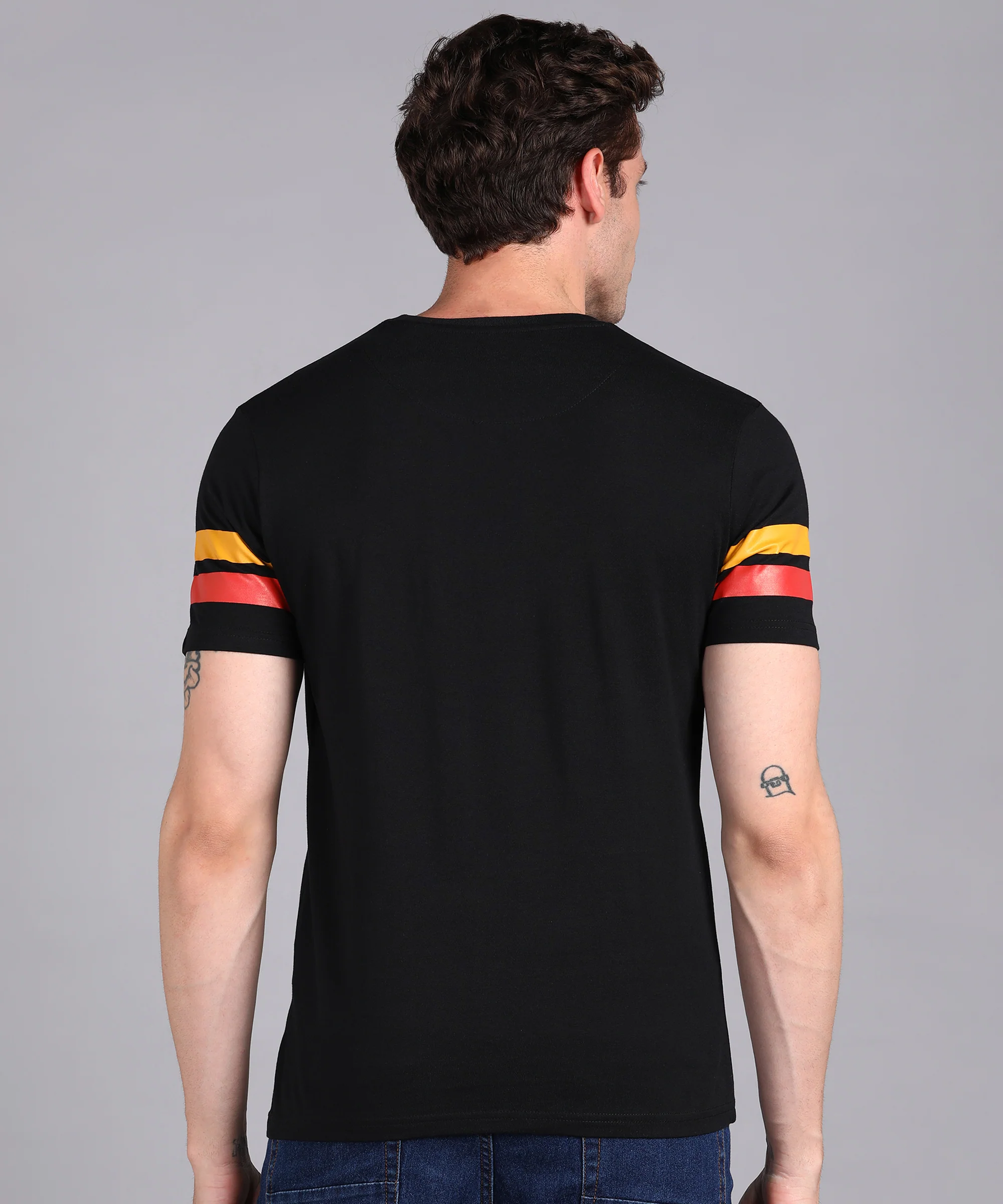 Men's Black, Yellow, Orange Cotton Color-Block Slim Fit Half Sleeve T-Shirt - Image 3