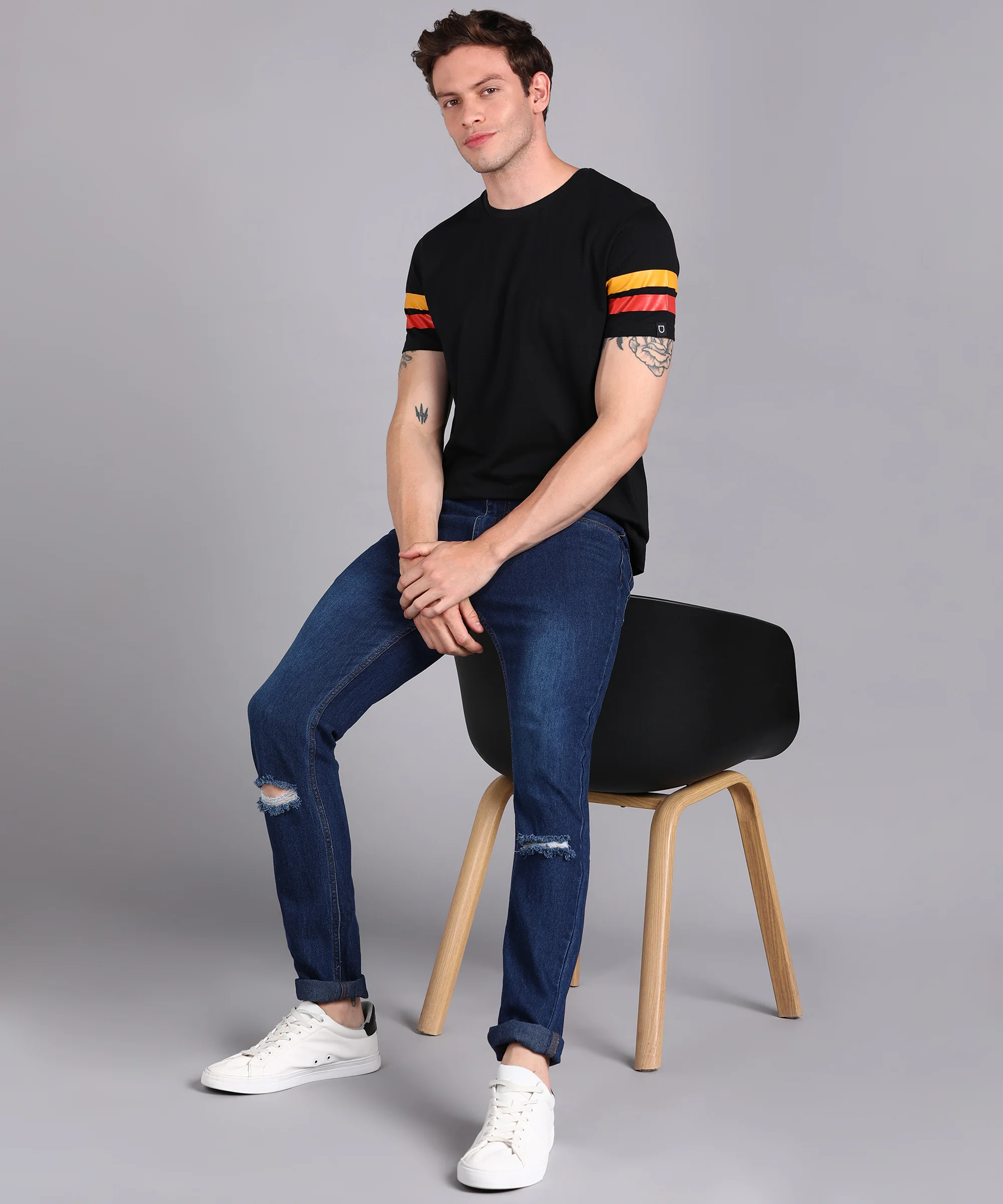 Men's Black, Yellow, Orange Cotton Color-Block Slim Fit Half Sleeve T-Shirt - Image 4