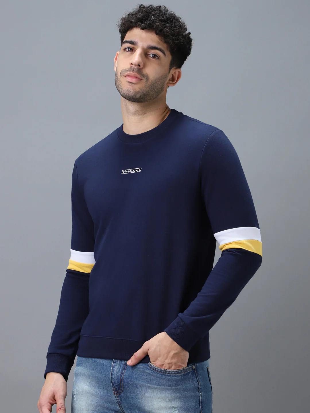 Men's Blue Cotton Color Block Round Neck Sweatshirt - Image 2