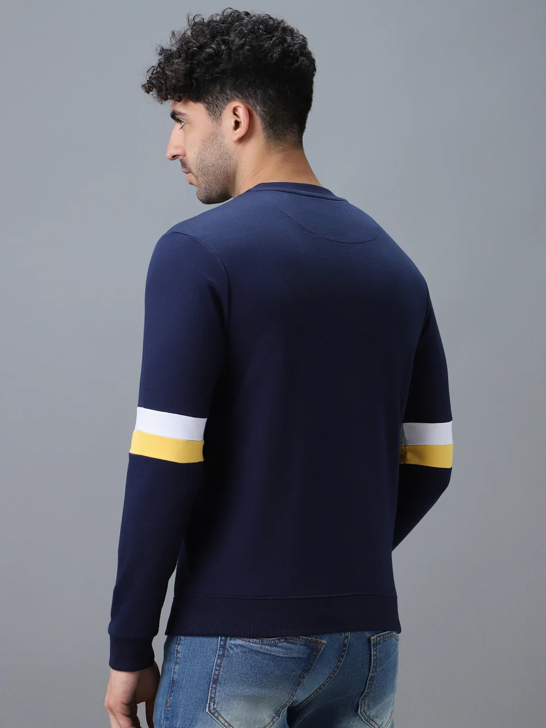 Men's Blue Cotton Color Block Round Neck Sweatshirt - Image 3