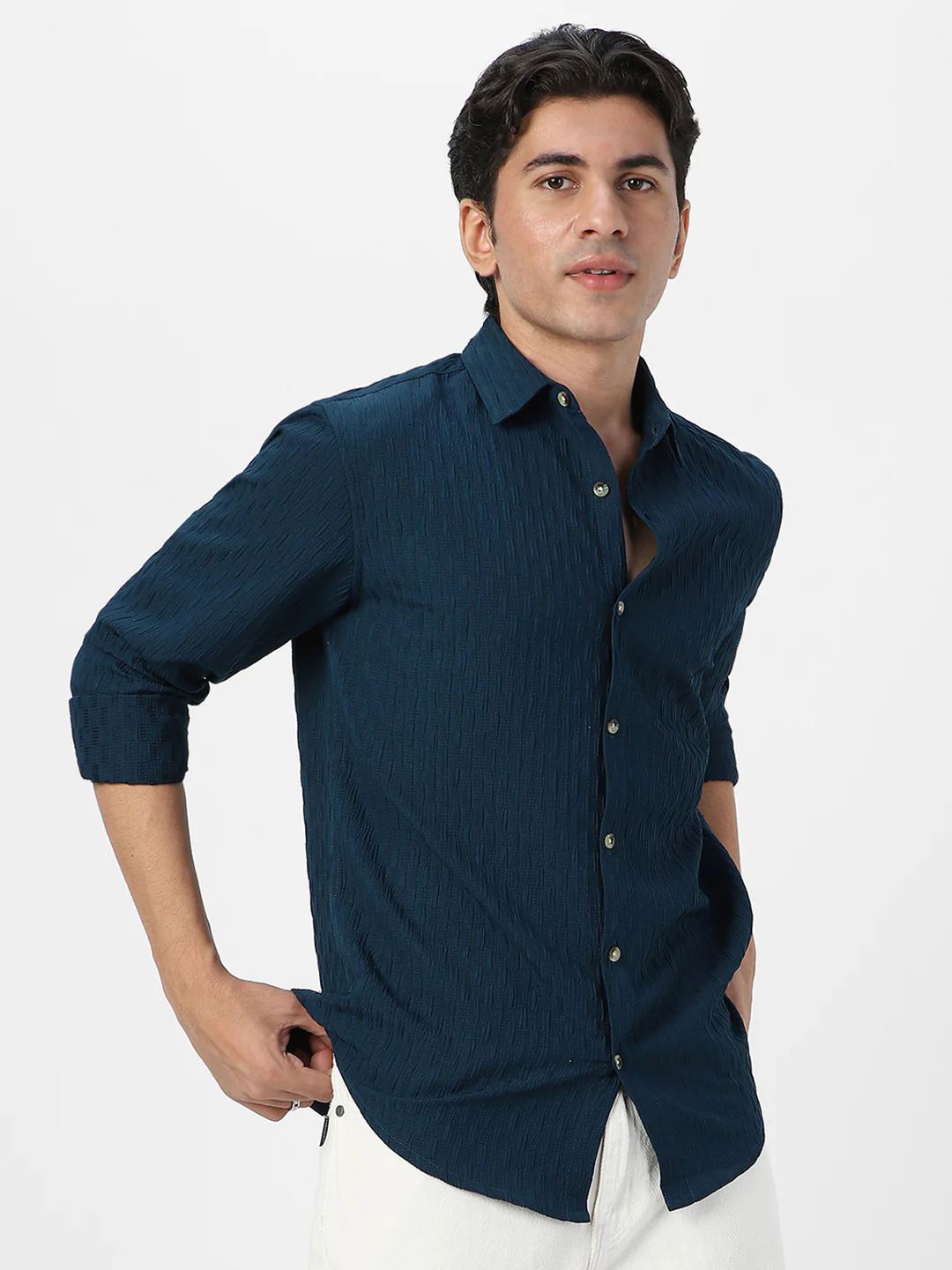 Men's Blue Cotton Full Sleeve Regular Fit Textured Shirt with Spread Collar - Image 3