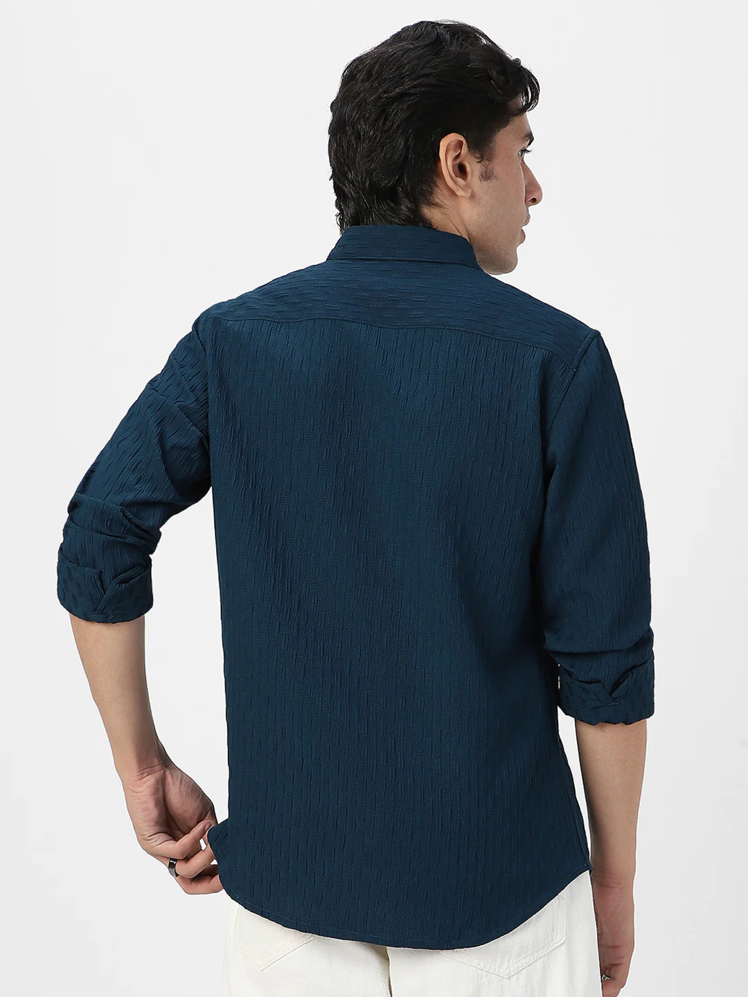 Men's Blue Cotton Full Sleeve Regular Fit Textured Shirt with Spread Collar - Image 4