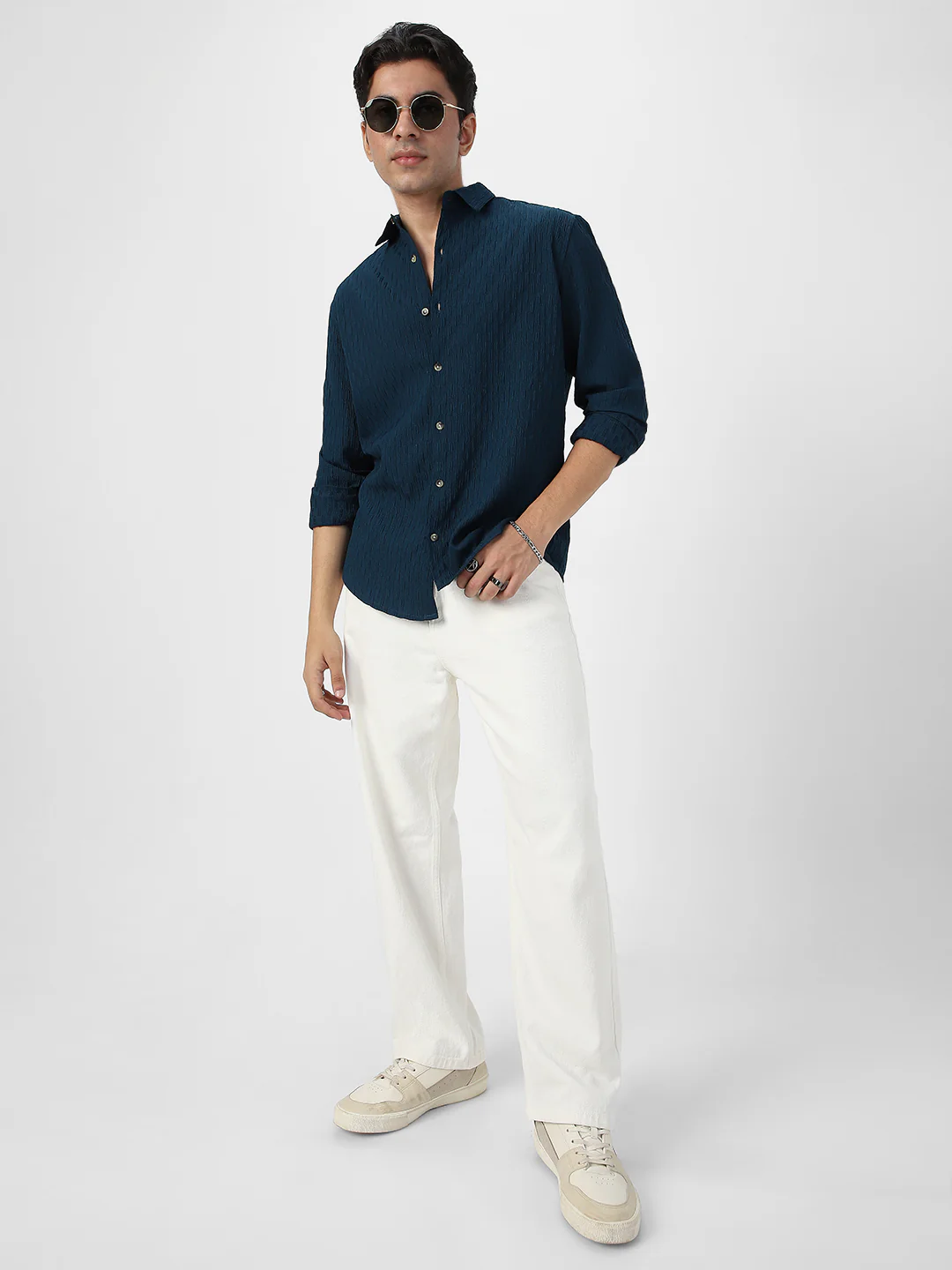 Men's Blue Cotton Full Sleeve Regular Fit Textured Shirt with Spread Collar - Image 5