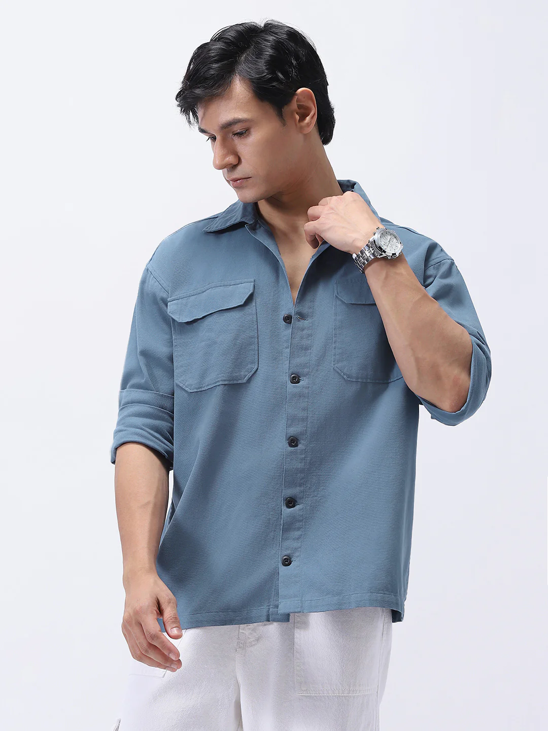 Men's Blue Cotton Full Sleeve Relaxed Fit Shacket with Utility Pockets - Image 2