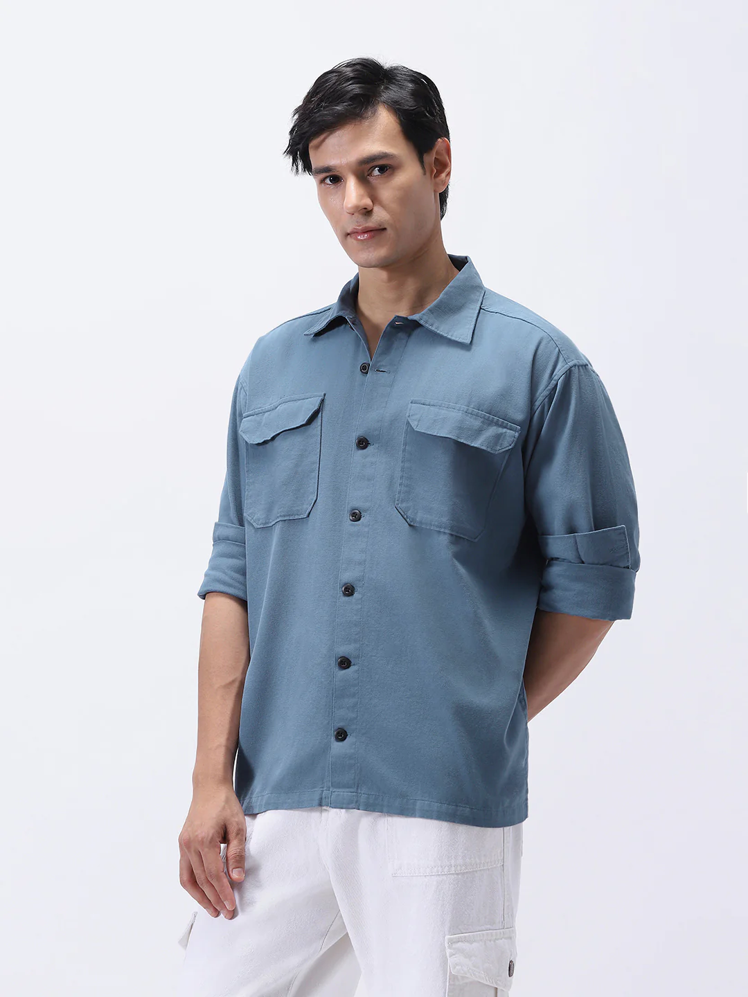 Men's Blue Cotton Full Sleeve Relaxed Fit Shacket with Utility Pockets - Image 3