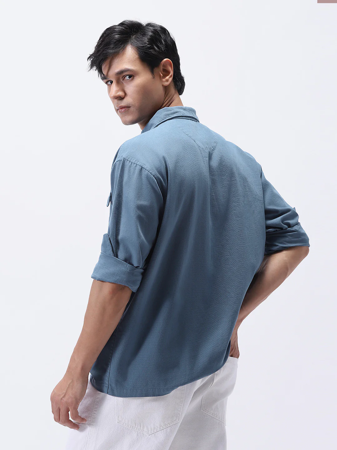 Men's Blue Cotton Full Sleeve Relaxed Fit Shacket with Utility Pockets - Image 4