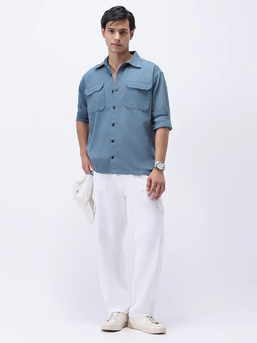 Men's Blue Cotton Full Sleeve Relaxed Fit Shacket with Utility Pockets - Image 5