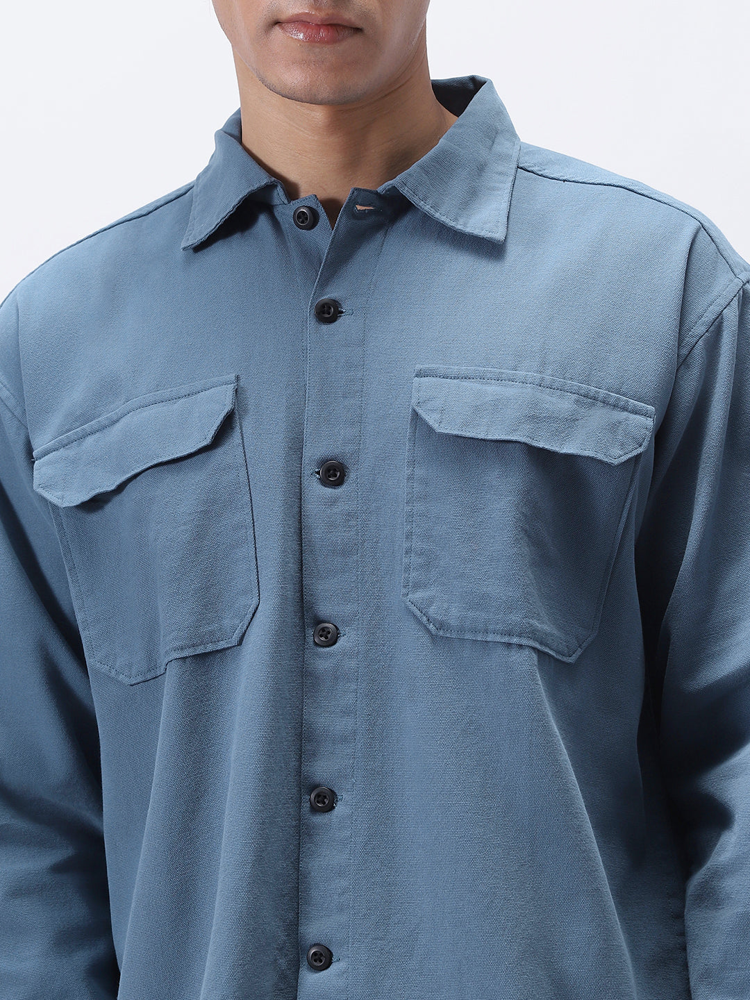 Men's Blue Cotton Full Sleeve Relaxed Fit Shacket with Utility Pockets - Image 6