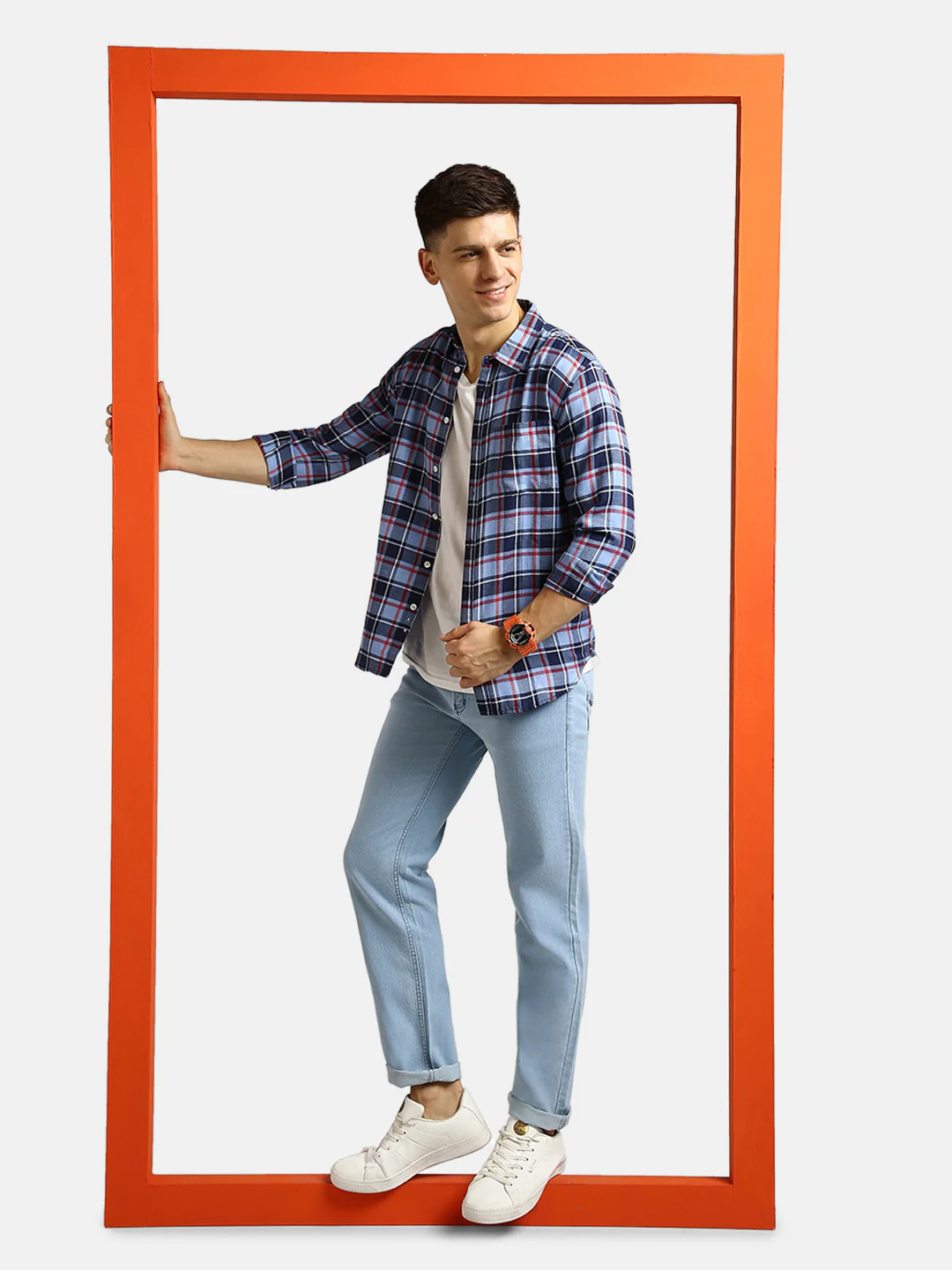 Men's Blue Cotton Full Sleeve Slim Fit Casual Checkered Shirt - Image 4