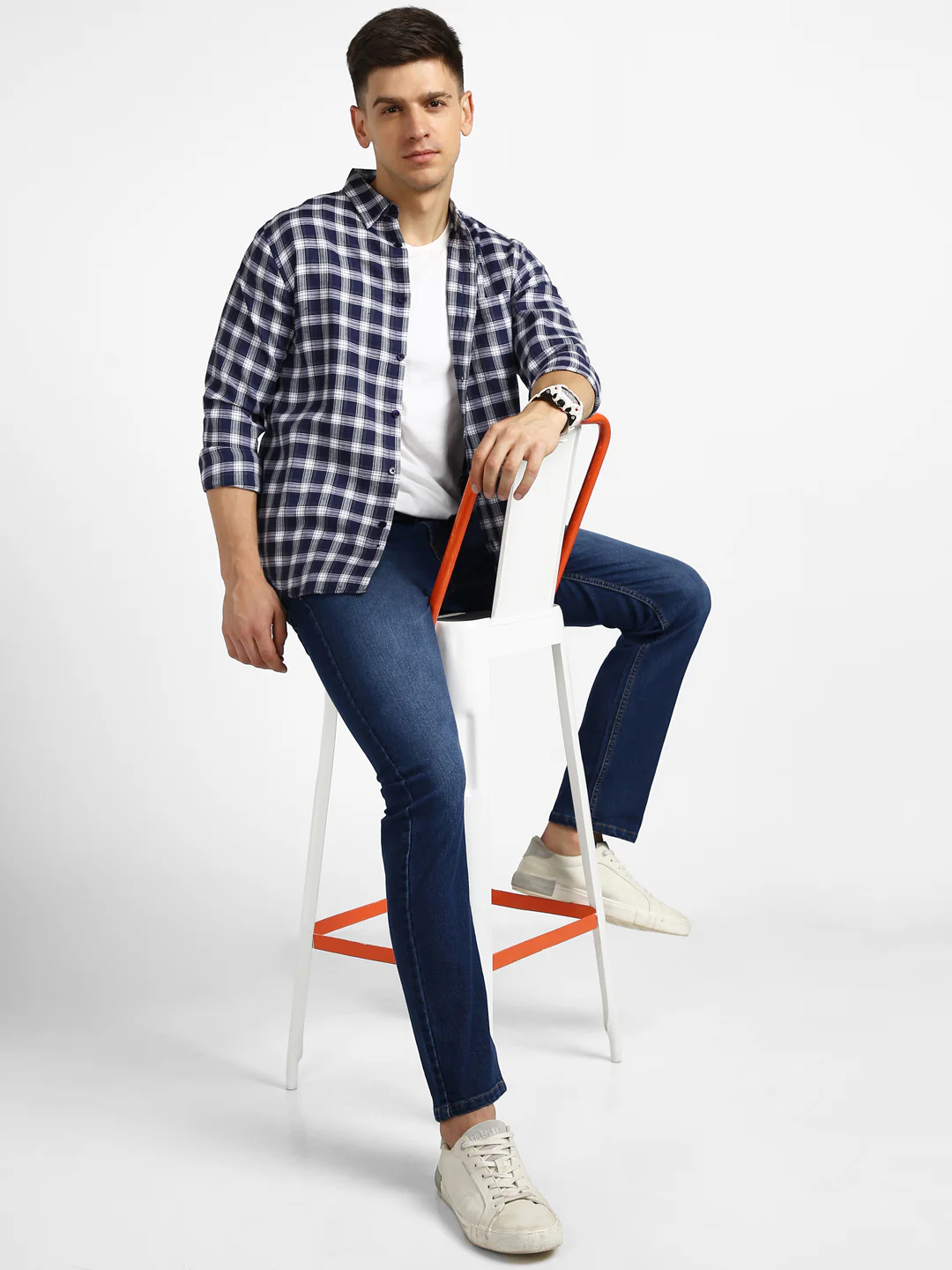 Men's Blue Cotton Full Sleeve Slim Fit Casual Checkered Shirt - Image 4