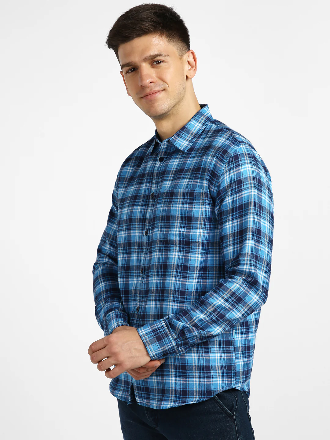 Men's Blue Cotton Full Sleeve Slim Fit Casual Checkered Shirt - Image 2