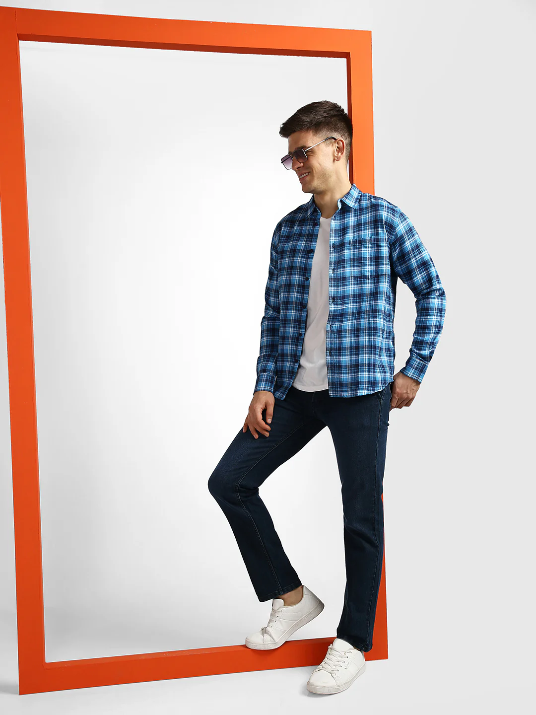 Men's Blue Cotton Full Sleeve Slim Fit Casual Checkered Shirt - Image 4