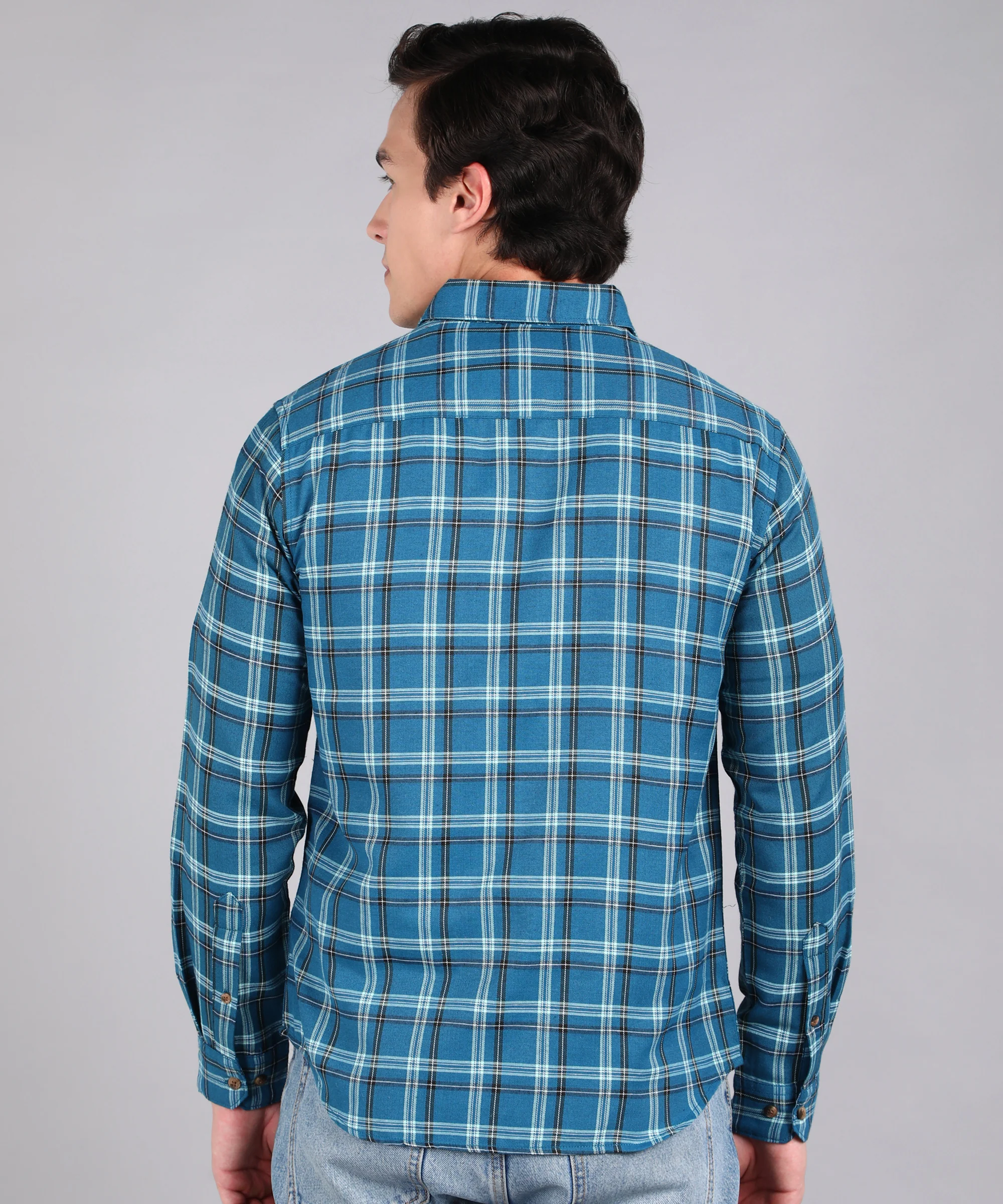 Men's Blue Cotton Full Sleeve Slim Fit Casual Checkered Shirt - Image 3