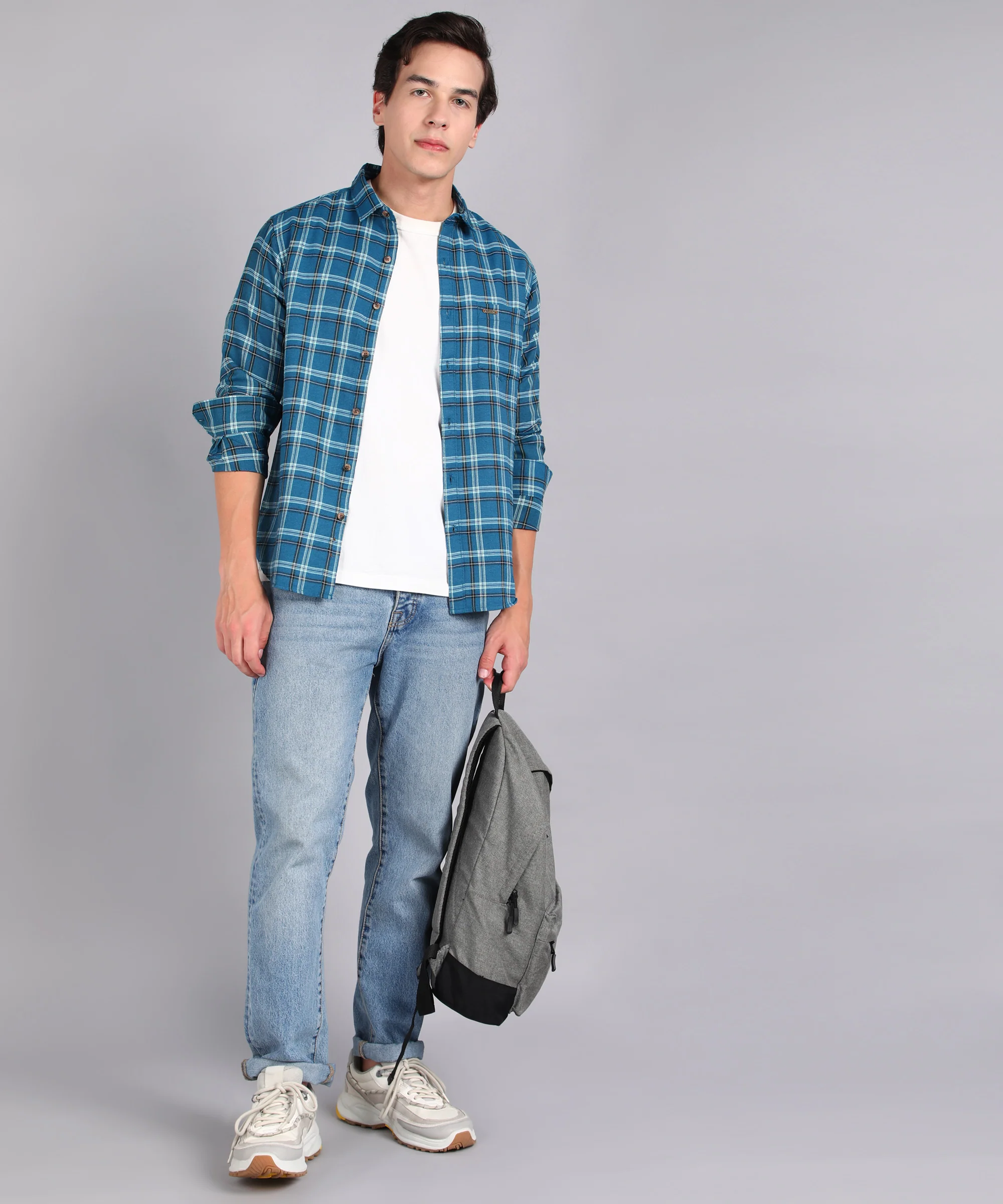 Men's Blue Cotton Full Sleeve Slim Fit Casual Checkered Shirt - Image 4