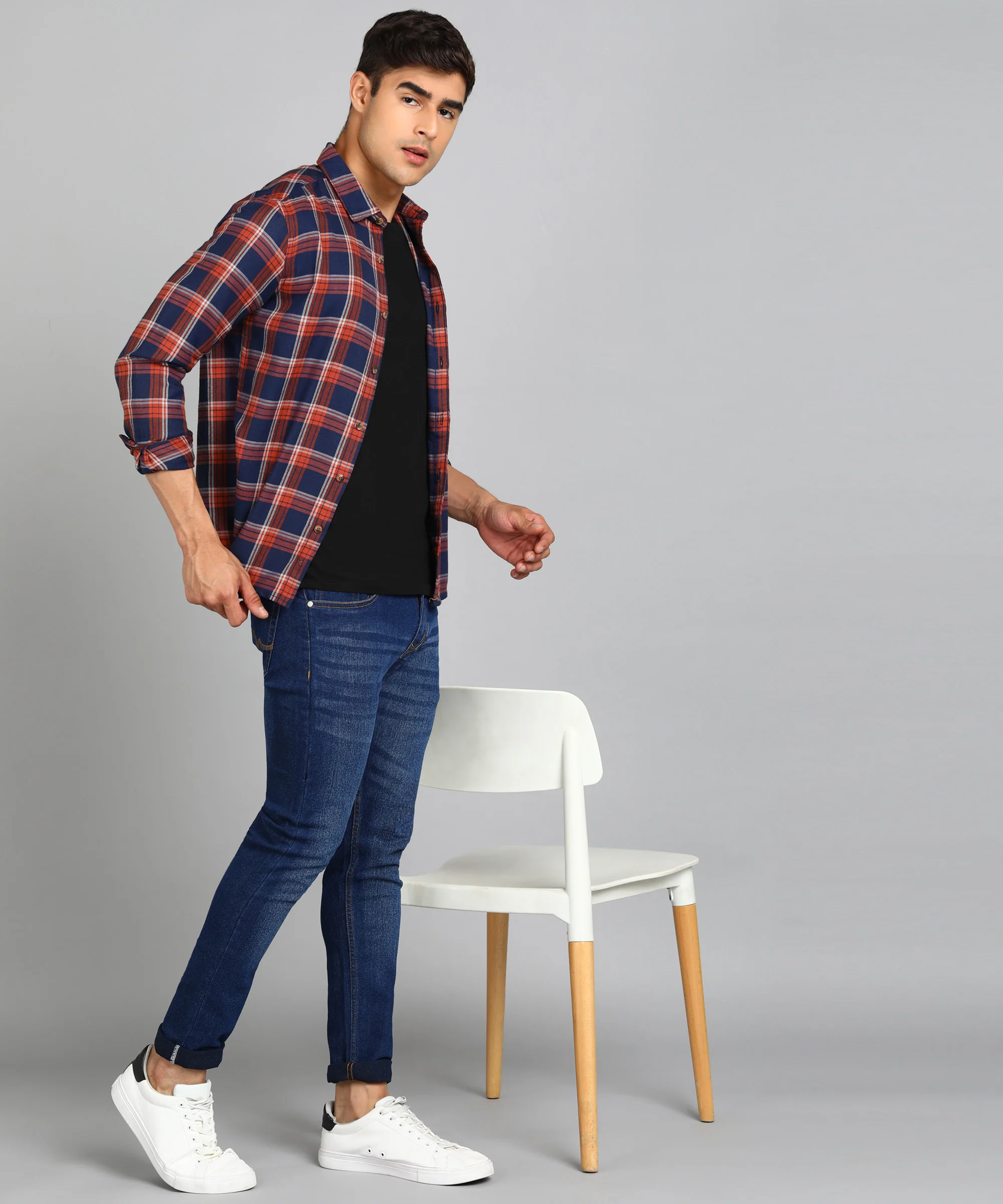 Men's Blue Cotton Full Sleeve Slim Fit Casual Checkered Shirt - Image 4