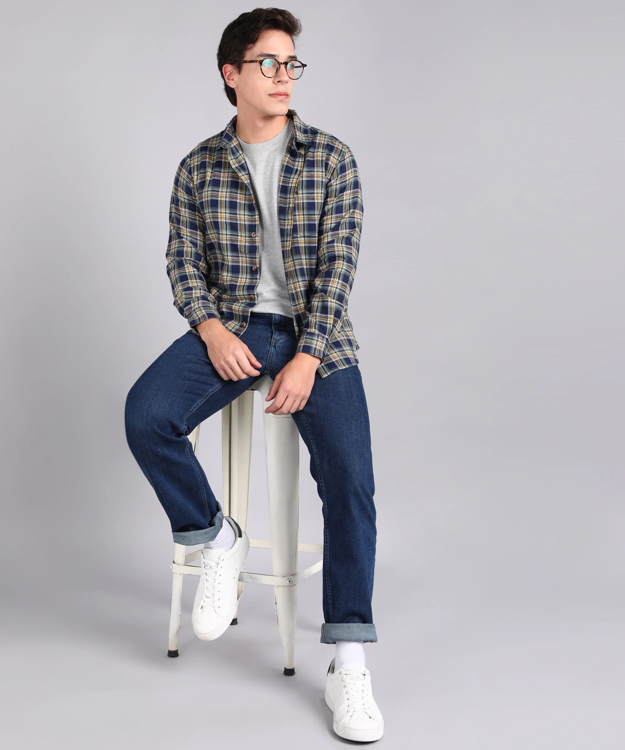 Men's Blue Cotton Full Sleeve Slim Fit Casual Checkered Shirt - Image 4