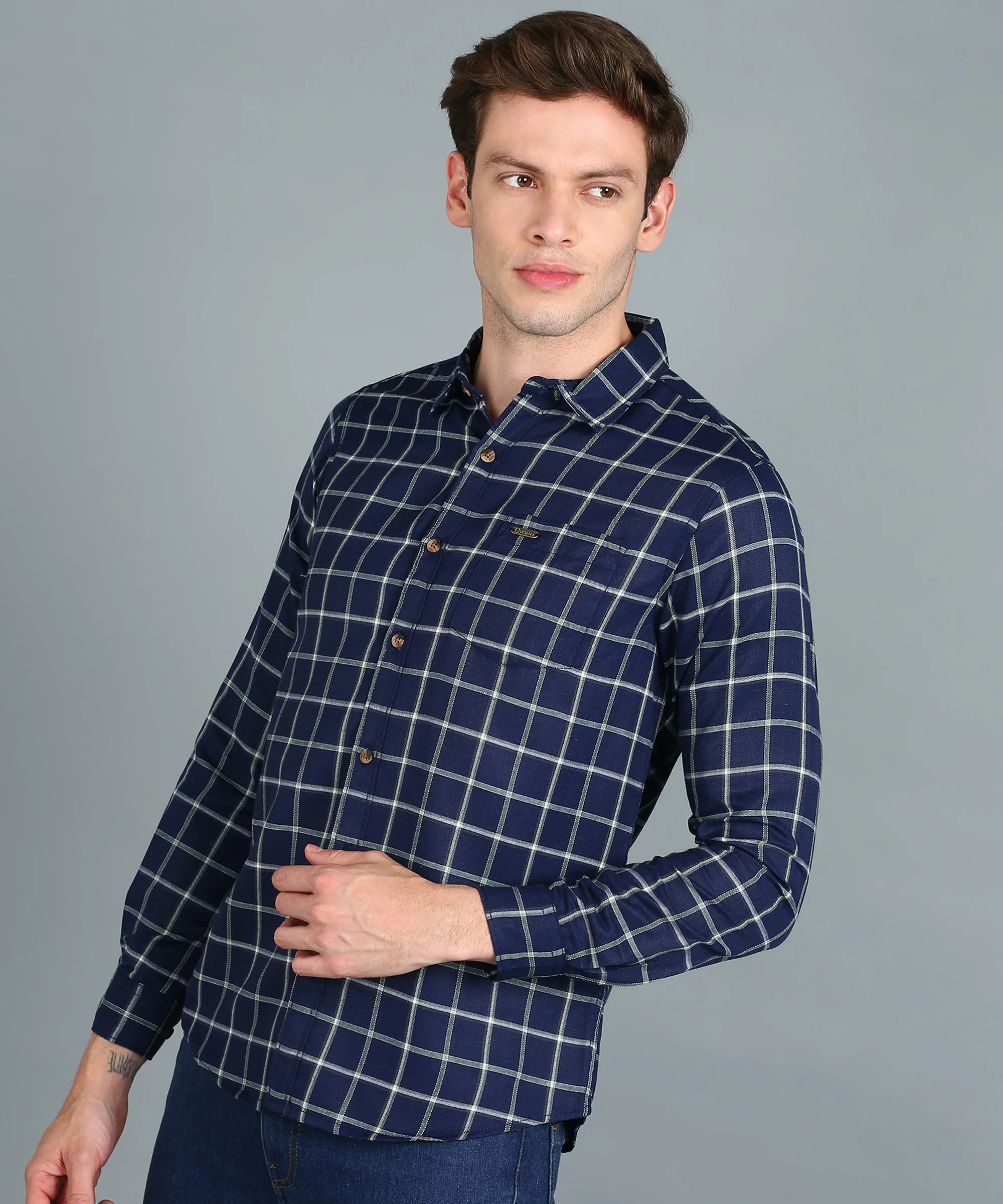 Men's Blue Cotton Full Sleeve Slim Fit Casual Checkered Shirt - Image 2