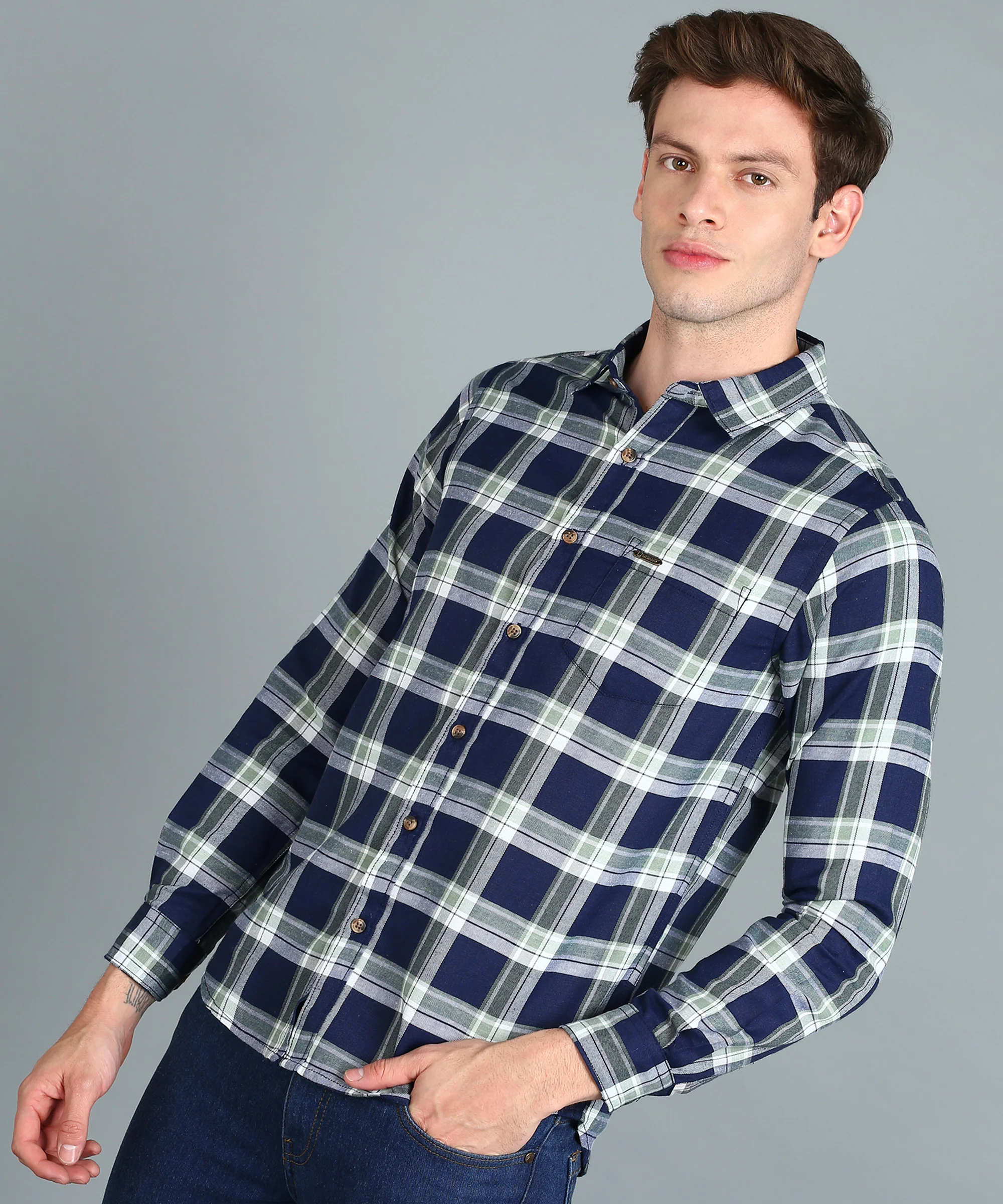 Men's Blue Cotton Full Sleeve Slim Fit Casual Checkered Shirt - Image 2