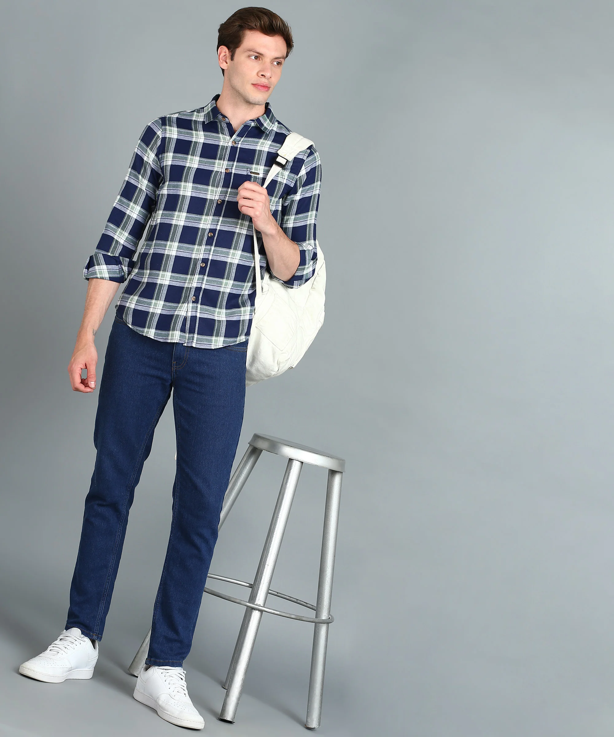 Men's Blue Cotton Full Sleeve Slim Fit Casual Checkered Shirt - Image 4