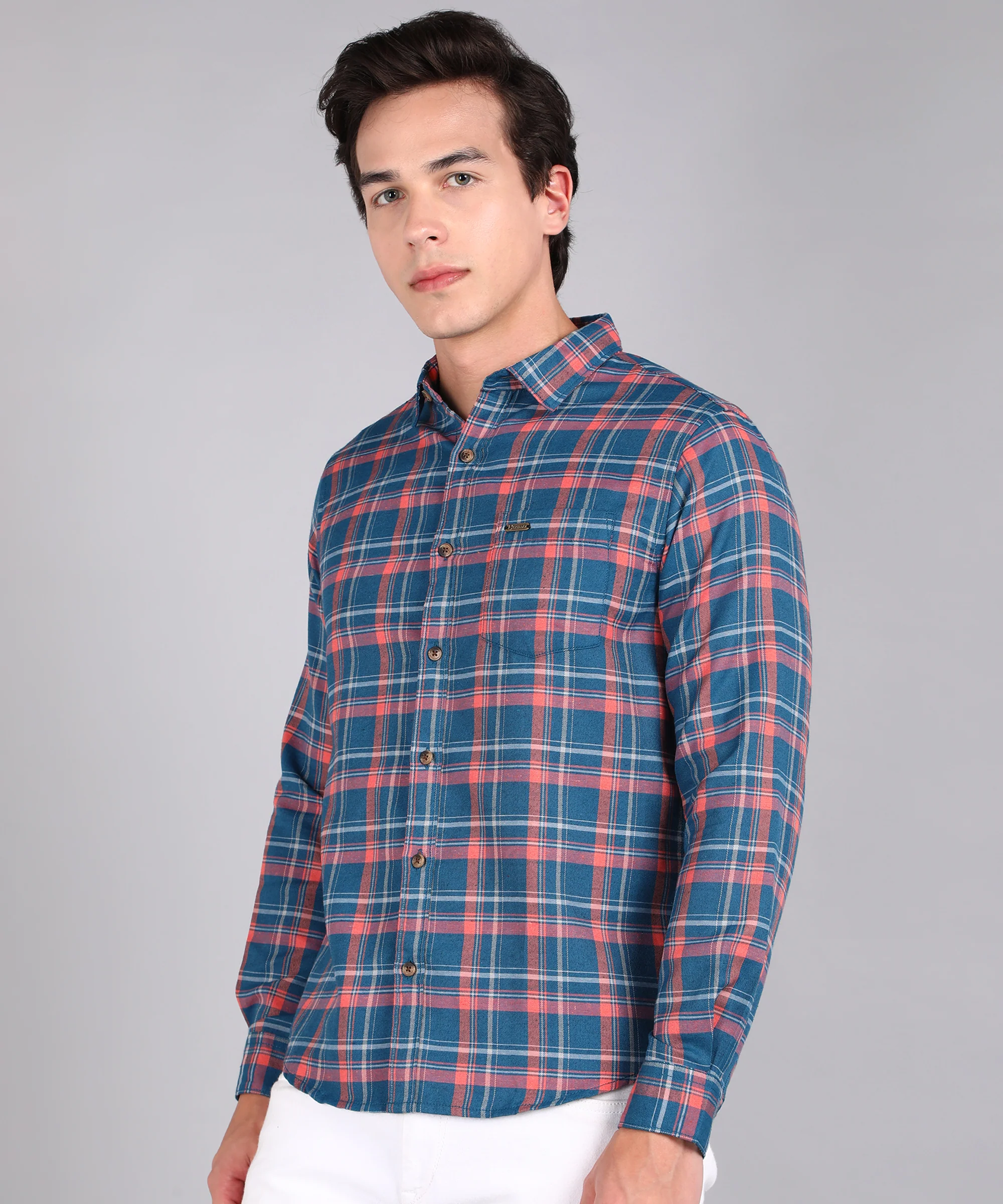Men's Blue Cotton Full Sleeve Slim Fit Casual Checkered Shirt - Image 2