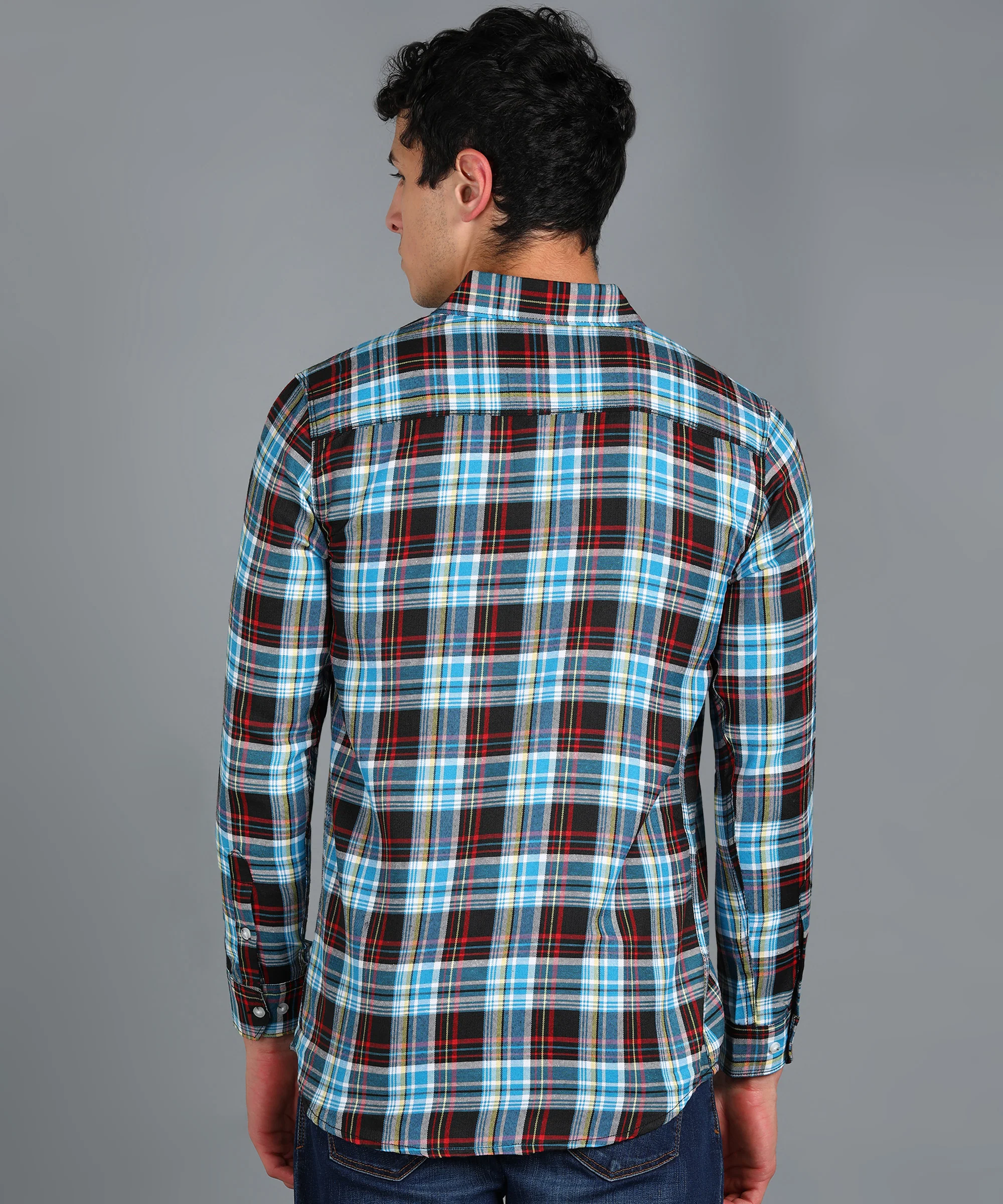 Men's Blue Cotton Full Sleeve Slim Fit Casual Checkered Shirt - Image 3