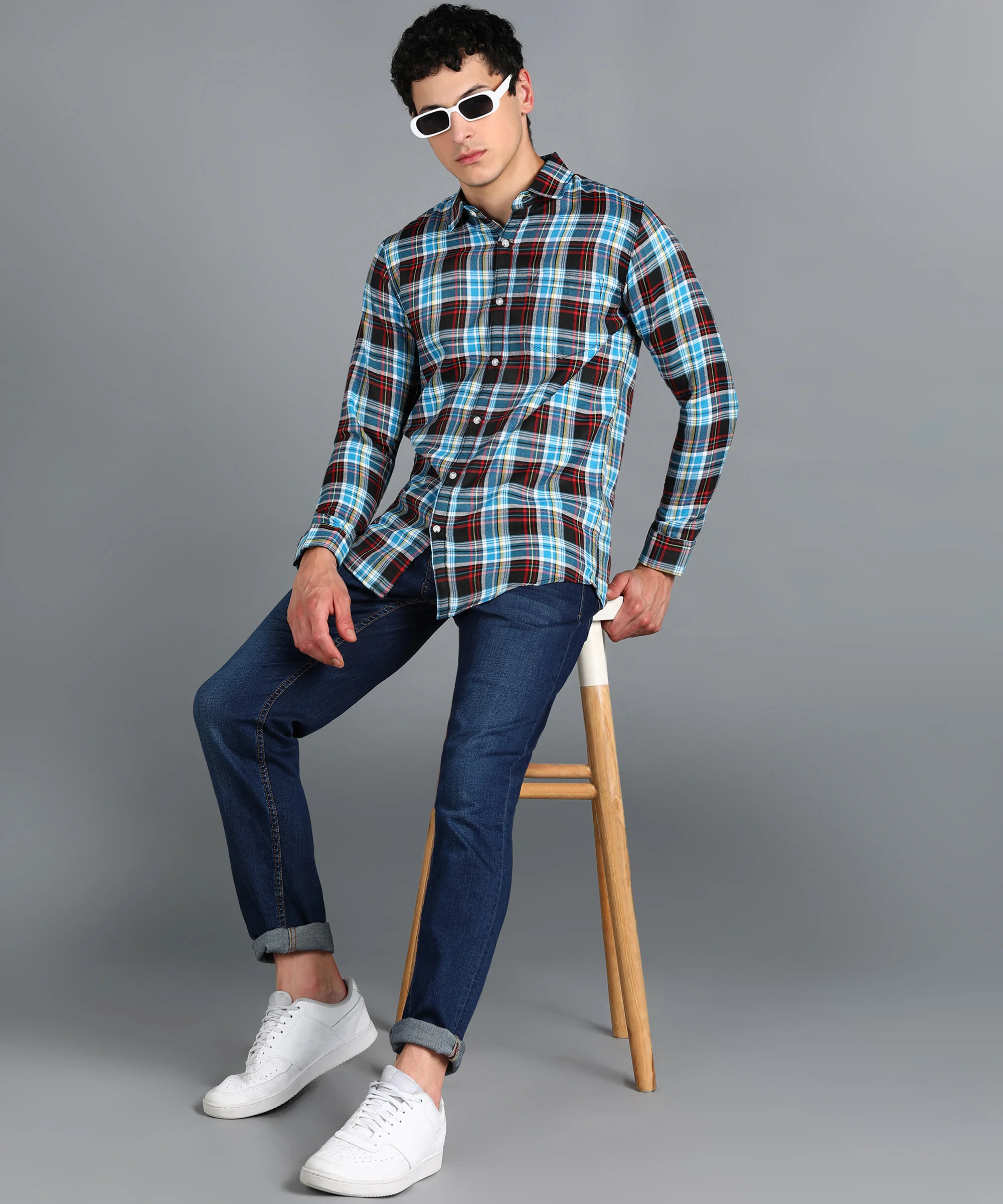 Men's Blue Cotton Full Sleeve Slim Fit Casual Checkered Shirt - Image 4