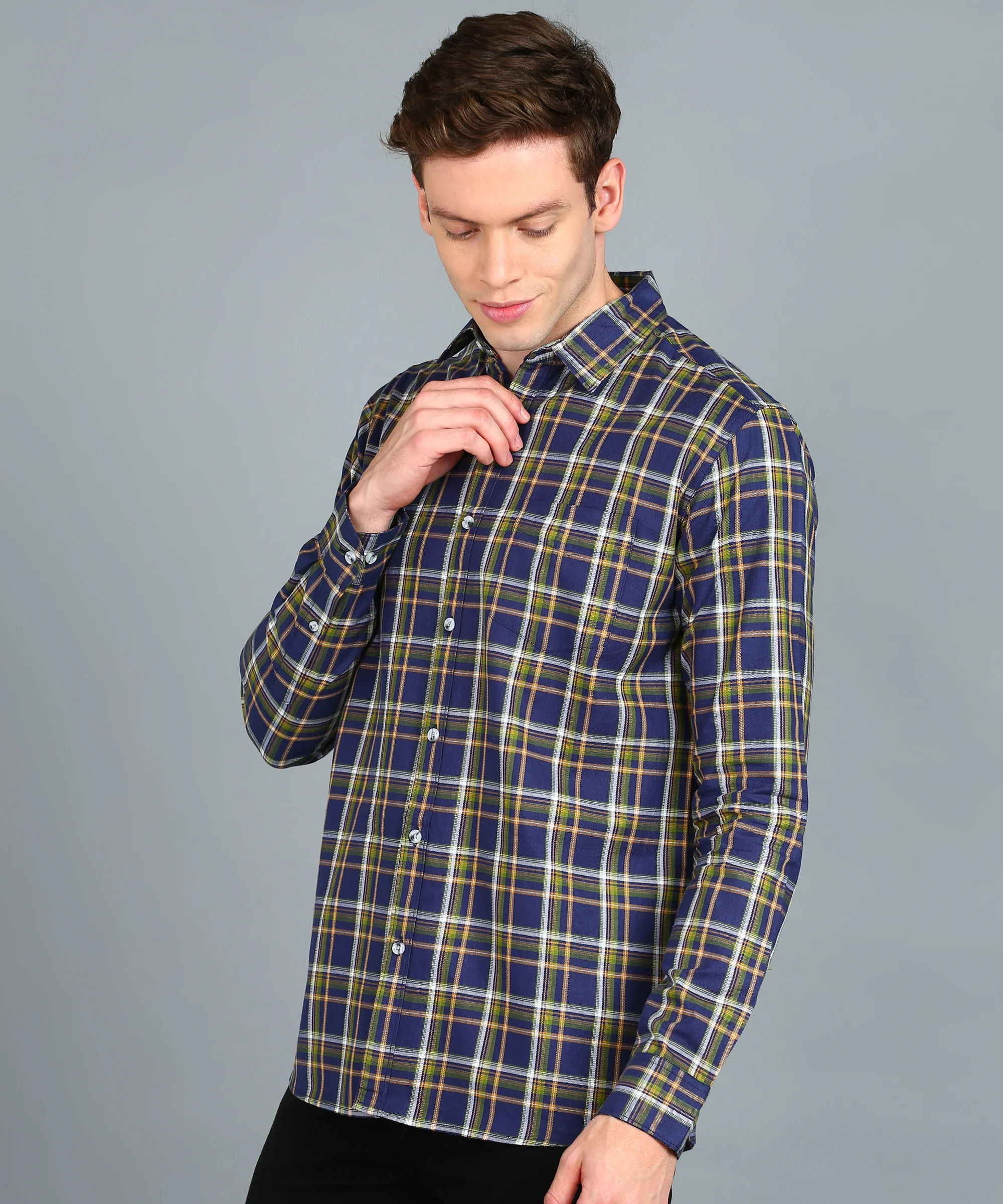 Men's Blue Cotton Full Sleeve Slim Fit Casual Checkered Shirt - Image 2