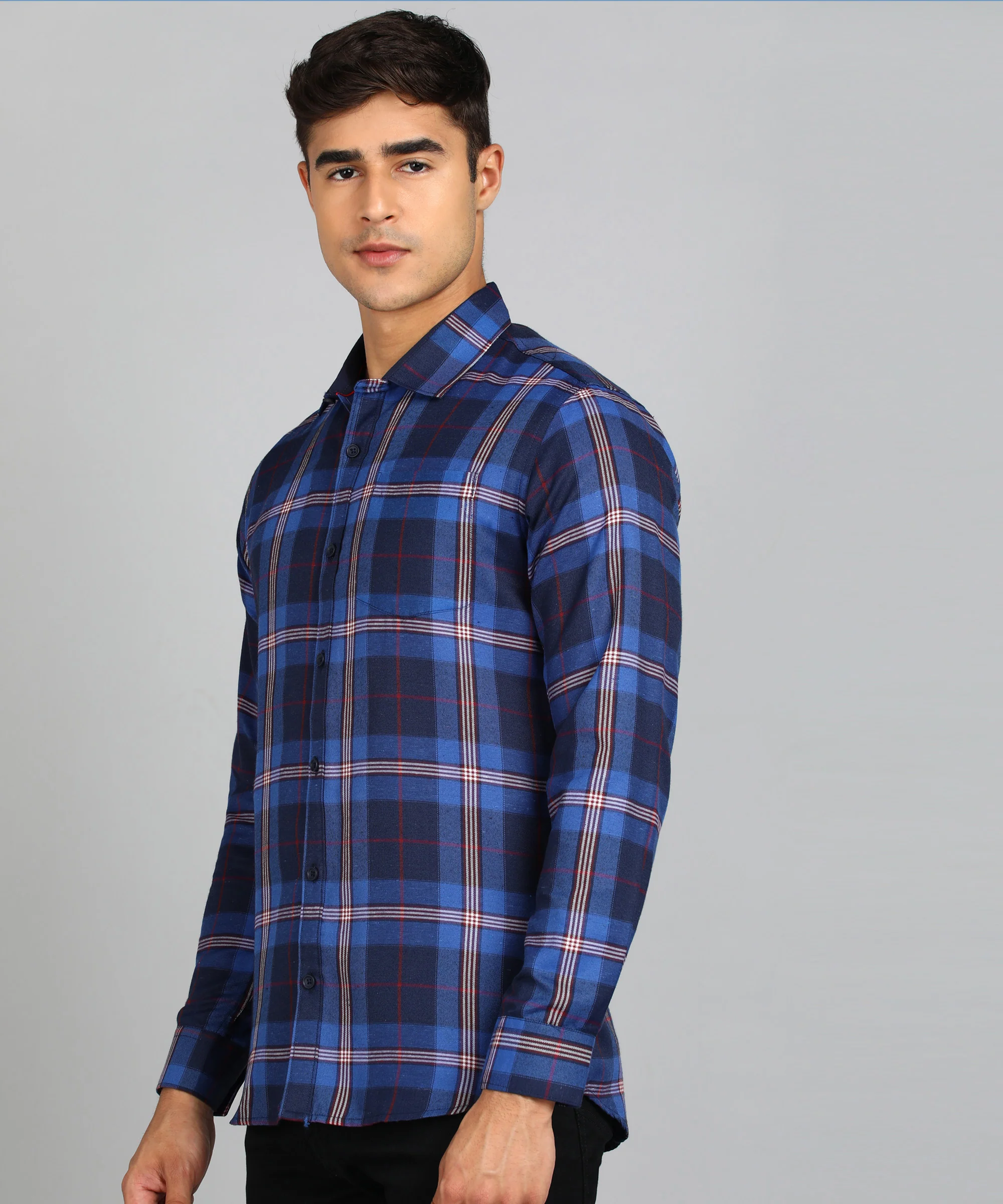 Men's Blue Cotton Full Sleeve Slim Fit Casual Checkered Shirt - Image 2