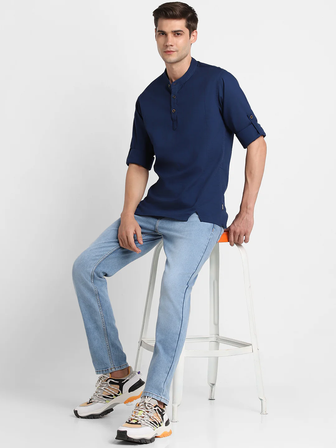 Men's Blue Cotton Full Sleeve Slim Fit Casual Solid Shirt - Image 4