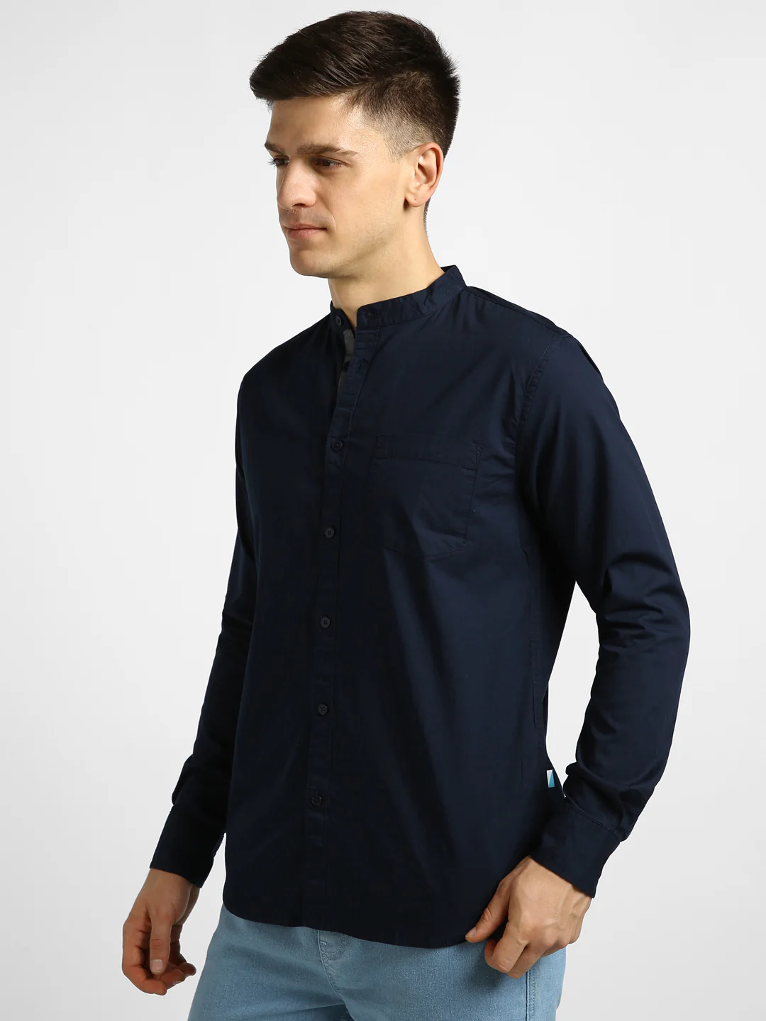Men's Blue Cotton Full Sleeve Slim Fit Solid Shirt with Mandarin Collar - Image 2