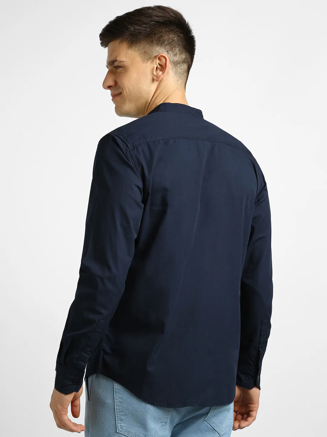 Men's Blue Cotton Full Sleeve Slim Fit Solid Shirt with Mandarin Collar - Image 3